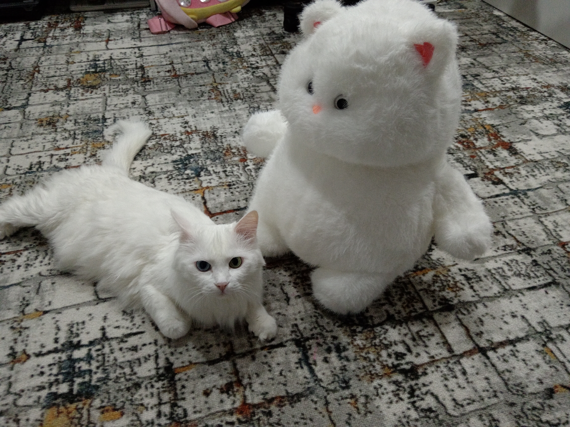 A white cat with heterochromia (one blue eye, one green eye) lies on a patterned rug next to a large white stuffed bear. The cat is positioned to the left of the frame, facing the camera. The stuffed bear is to the right of the frame, facing slightly away from the camera. The rug has a distressed brick pattern with black, white, grey, and rust-colored elements. The background is blurred and appears to be an indoor setting. No people are visible in the image. The scene is static. The image is a medium shot, taken from a slightly elevated angle.