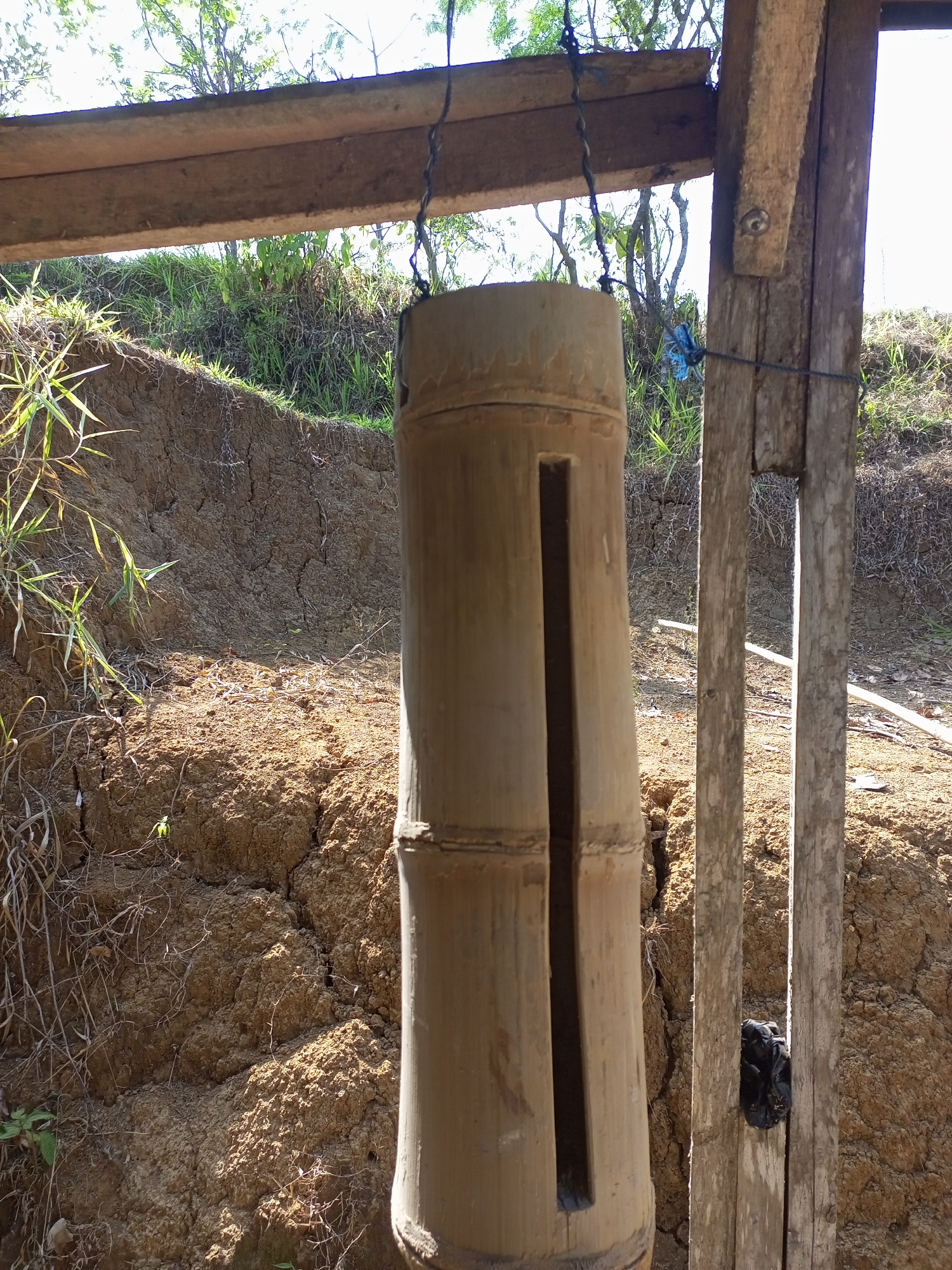 A vertically oriented, full-shot image depicts a bamboo tube hanging from wooden beams in an outdoor setting. The bamboo tube, which appears to be hollow and has a rectangular opening cut into its side, hangs from two dark cords. The tube itself is light brown in color and has visible segments. Behind the bamboo, the ground is a reddish-brown, dry earth with visible cracks and some sparse green vegetation. In the background, more greenery and trees are visible under a bright sky. A weathered wooden post stands to the right of the bamboo tube, attached to the wooden beams above by screws. A black object, possibly a small bag or piece of trash, is attached to the wooden post. The scene appears to be located in a rural area, possibly a garden or an outdoor structure. The lighting suggests it is daytime. The image's context as being from Jatipurno, Indonesia, places the scene within a tropical or subtropical environment, which is consistent with the vegetation and dry earth.