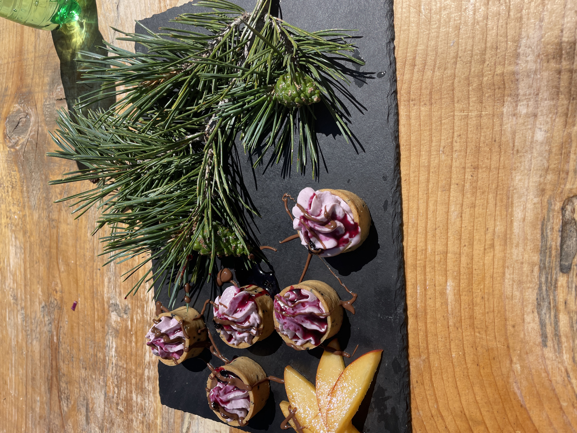 A black slate platter is positioned on a light brown wooden surface. On the platter, there are five small tarts filled with a pinkish-purple cream and drizzled with dark chocolate sauce. Next to the tarts are several slices of light orange fruit, possibly peaches, dusted with powdered sugar. A branch of pine needles with a small green pine cone is also on the platter. The scene is illuminated by natural sunlight, casting shadows on the wooden surface. A green plastic bottle is visible in the upper right corner, partially out of focus. The setting appears to be an outdoor table in Smolyan, Bulgaria, likely at a cafe or restaurant.