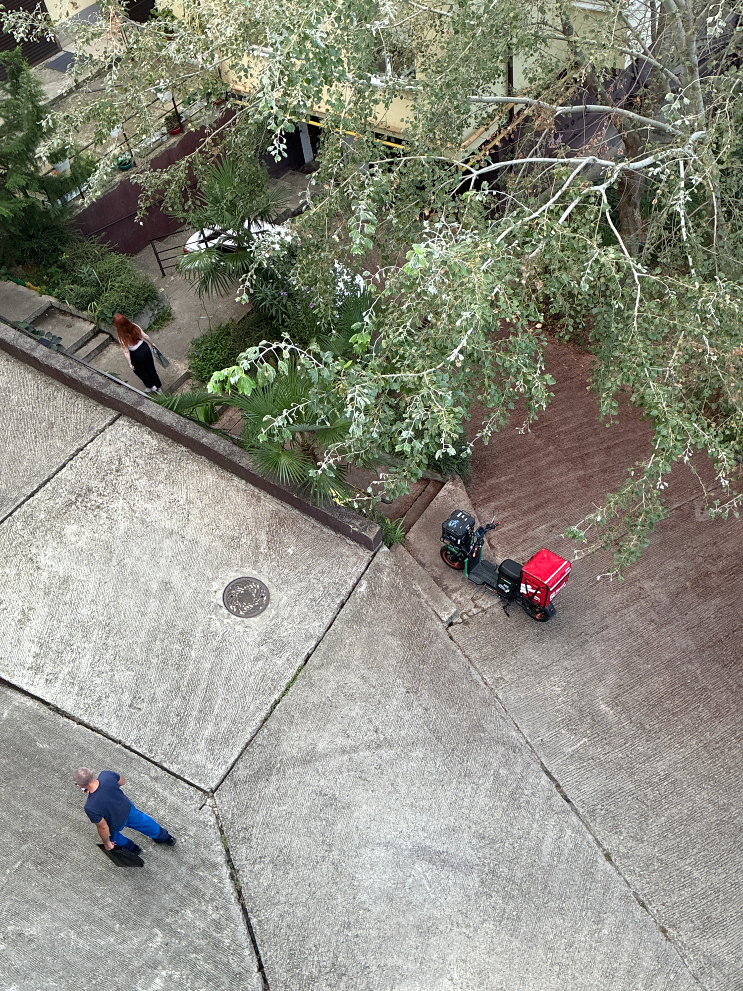 An overhead, high-angle shot captures a courtyard scene in Sochi, Russia, featuring two individuals and a parked scooter. On the left, a man with short brown hair, wearing a dark blue t-shirt and blue jeans, walks across a concrete expanse while carrying a black briefcase. To the right, an electric scooter with a red delivery box mounted on the back and a black box on the front is parked on a dark red path. Beyond the scooter, a woman with long, reddish-brown hair, dressed in a white top and black pants, ascends a set of concrete stairs. The environment is a mix of concrete pathways, paved areas, and lush greenery, with a large tree's branches extending into the frame from the top right. The scene appears to be a residential or public courtyard.