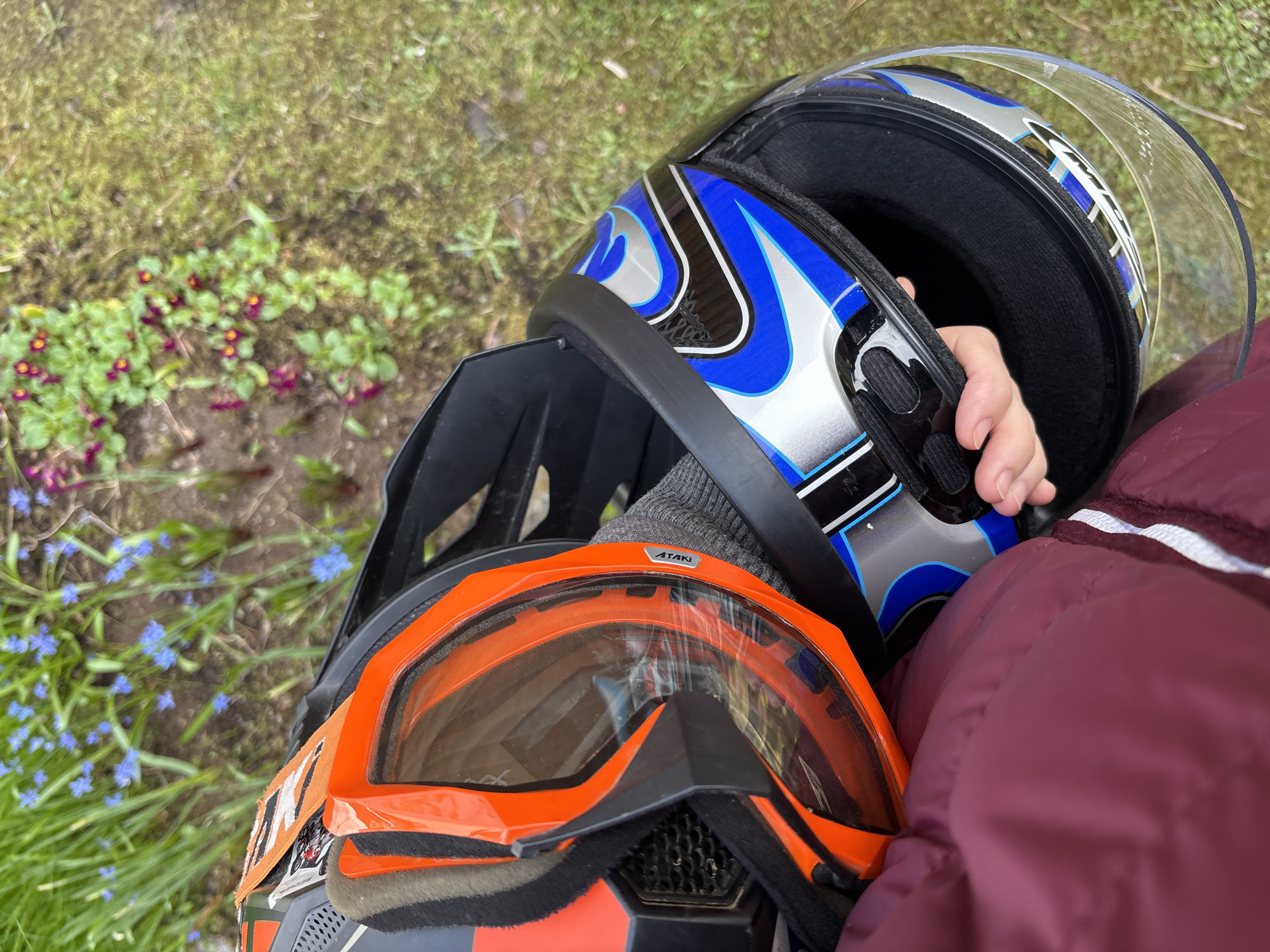 The image shows two motorcycle helmets stacked on top of each other. The bottom helmet is black and orange with orange goggles. The top helmet is blue, silver, and black with a clear visor. A hand reaches into the top helmet. The helmets are sitting near grass and flowers, and a burgundy jacket is partially visible. There is no information available that confirms the location of the photograph. Therefore, I cannot confirm the city of Ленинградская, Russia.
