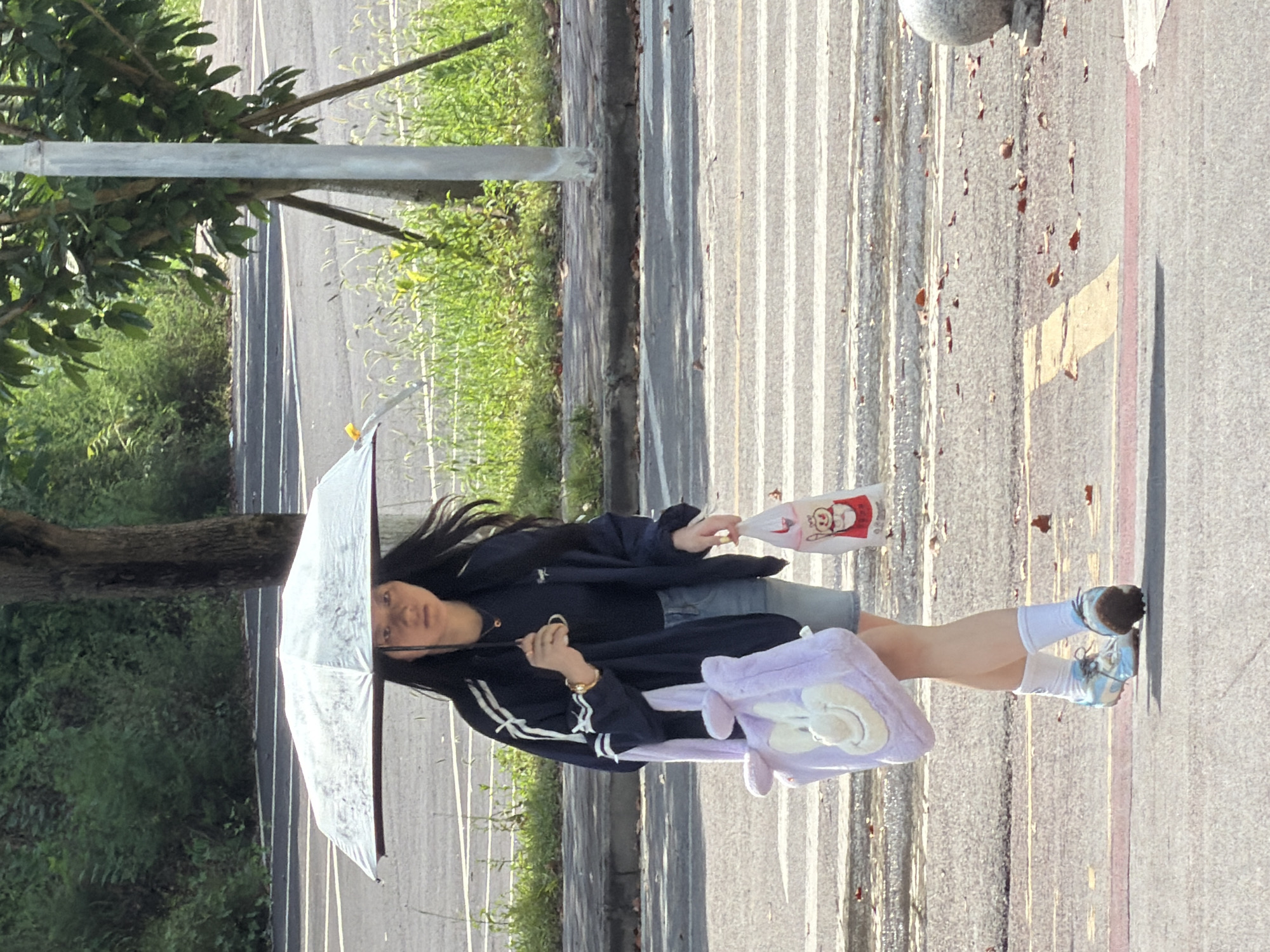 A young East Asian woman walks across a street in Jiangjin, China, holding a translucent umbrella over her head. She is wearing a dark jacket with white stripes on the sleeves, a dark top, denim shorts, white socks, and light blue and white athletic shoes. In her left hand, she carries a large, light purple plush tote bag with a character face. In her right hand, she holds a white plastic bag with a red graphic of a cartoon character. The street has a pedestrian crossing with white stripes and yellow markings. The background features a sidewalk, green vegetation, a tree trunk, and a light pole. Fallen leaves are scattered on the pavement.