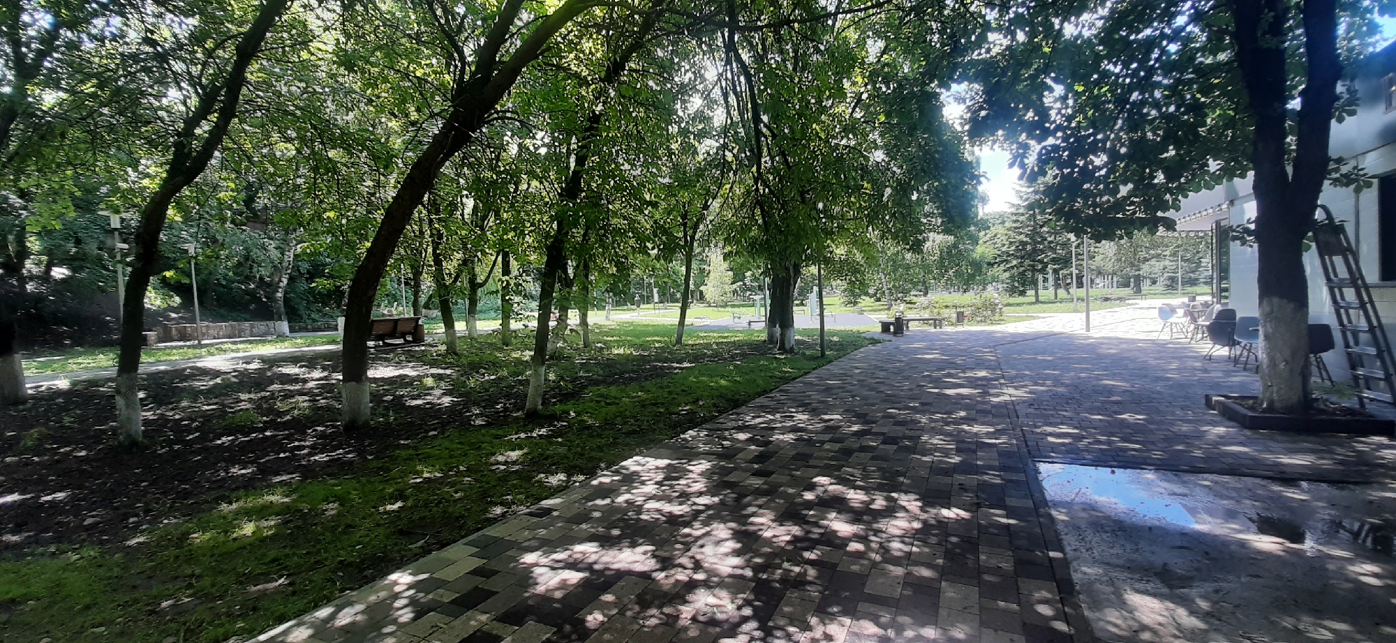 The image depicts a paved walkway in a park or recreational area. The walkway is made of interlocking bricks in shades of red and gray, with dappled sunlight filtering through the overhead tree canopy, casting shadows on the ground. To the left of the walkway is a grassy area with several trees, some of which have white paint applied to their lower trunks. In the background, a few park benches are visible, and beyond that, a sloped area with more trees and vegetation. To the right of the walkway is a building with a white facade, a dark-tinted window, and a large ladder leaning against the wall. In front of the building, several chairs and tables are set up, suggesting an outdoor seating area. A tree is planted in a dark square planter in front of the building, also with white paint on its trunk. The ground near the building appears wet and reflective, possibly from a recent rain or cleaning. The overall scene suggests a pleasant outdoor environment, possibly near a cafe or public facility in Yessentukskaya, Russia, given the provided context. There are no people visible in the image.