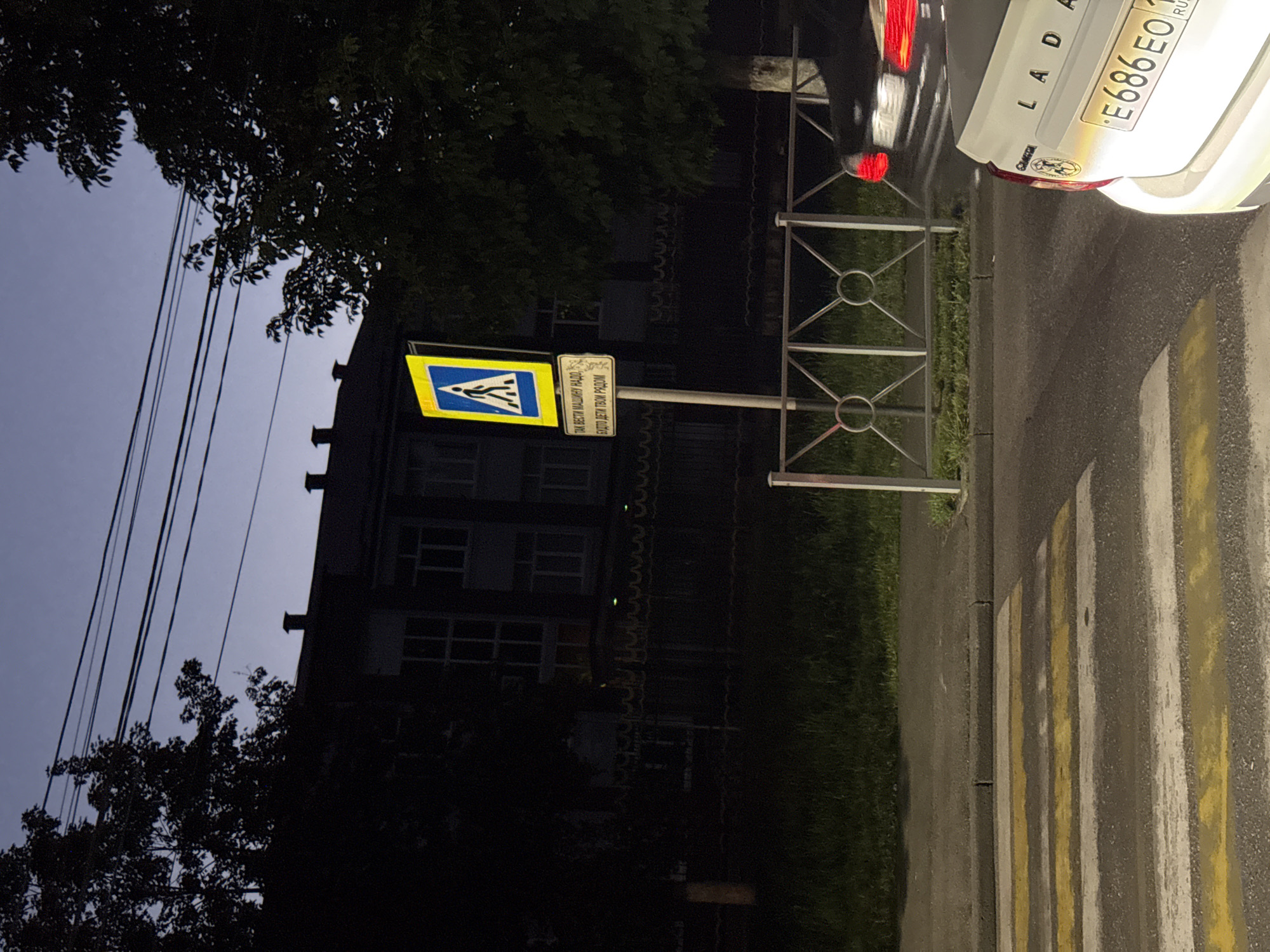 This media file captures an outdoor scene at dusk, likely in Charavali, Russia. The primary subjects are a pedestrian crossing with its distinctive yellow and white striped markings, a street sign indicating a pedestrian crossing and a supplementary sign with Russian text, a section of a building in the background, and a car with a Russian license plate. The car, a Lada, is partially visible, showing its rear end and license plate "E686EO 1". A metal barrier, possibly part of a fence or railing, is positioned near the pedestrian crossing and sign. Lush green grass lines the side of the road. Overhead, a tangle of power lines stretches across the frame, silhouetted against a twilight sky. The building in the background appears to be a multi-story structure with visible windows. The lighting suggests it is either early morning or evening, with artificial lights from the car and potentially streetlights illuminating the scene. The overall mood is calm and ordinary, depicting a common urban or suburban streetscape. The Russian text on the supplementary sign reads "ТАК ВЕСТИ МАШИНУ НАДО, БУДЬТЕ ДЕТИ ТВОИ РЯДОМ" which translates to "THIS IS HOW YOU SHOULD DRIVE, YOUR CHILDREN ARE NEARBY."
