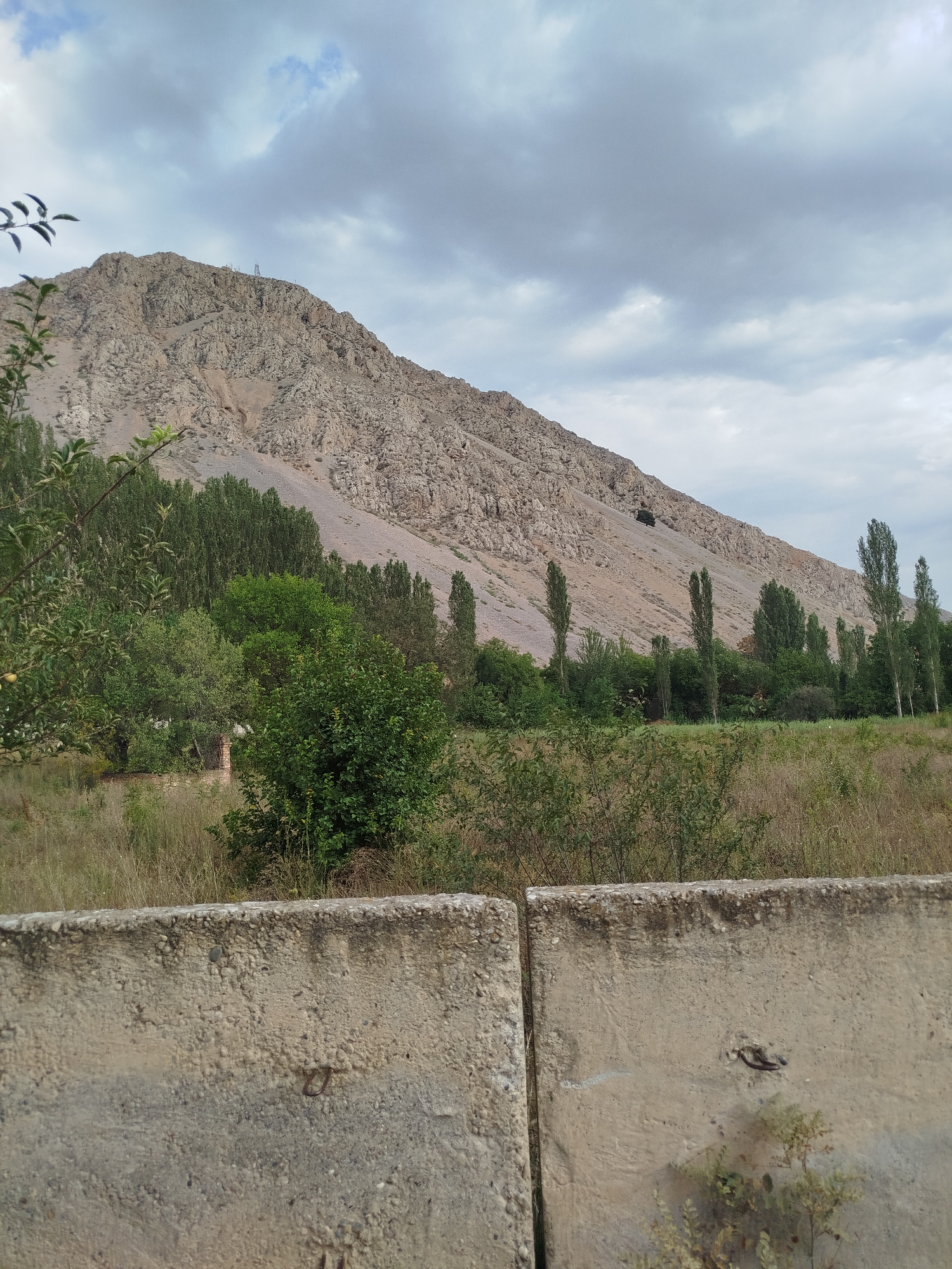 The image shows a wide-angle view of a rocky, mountainous landscape under a cloudy sky. In the foreground, two concrete barriers are visible, with dry grass and low-lying vegetation between them and the foothills. A dense line of tall, green trees forms a backdrop to the vegetation, with a sparsely vegetated, rocky mountain slope rising behind them. A few antennas or towers are discernible on the summit of the mountain. The scene appears to be an outdoor natural environment, possibly on the outskirts of a settlement, given the presence of the concrete barriers, which might suggest a road or construction site. The overall impression is one of a rural or semi-rural setting in a mountainous region. While the image depicts a natural landscape, the concrete barriers and potential communication equipment on the mountain hint at human presence and infrastructure. Without additional information, specific details about the city of Orozbekov, Kyrgyzstan, cannot be confirmed from the image alone.