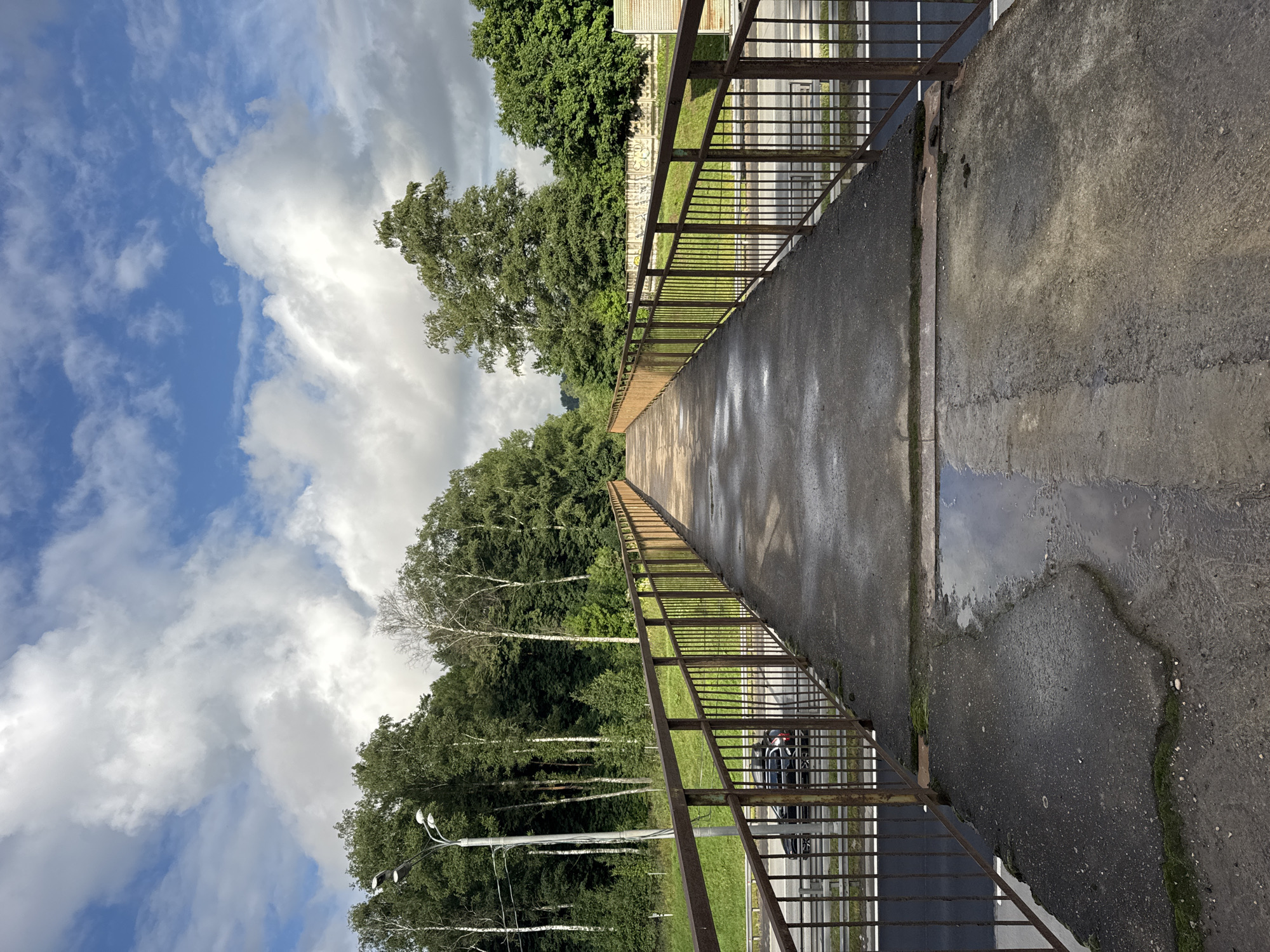 The image depicts a concrete pedestrian overpass spanning over a road in Нива Снт, Russia. The overpass has rusted metal railings on both sides. The surface of the overpass is wet with several puddles, and moss is visible growing along the edges. On the road below, a dark-colored car is seen driving. The surrounding environment is characterized by a dense forest of deciduous and coniferous trees. The sky is partly cloudy with large white cumulus clouds against a blue sky, suggesting it may have recently rained. A street light is visible on the left side of the image. The overall scene conveys a sense of a quiet, possibly rural, or suburban area.