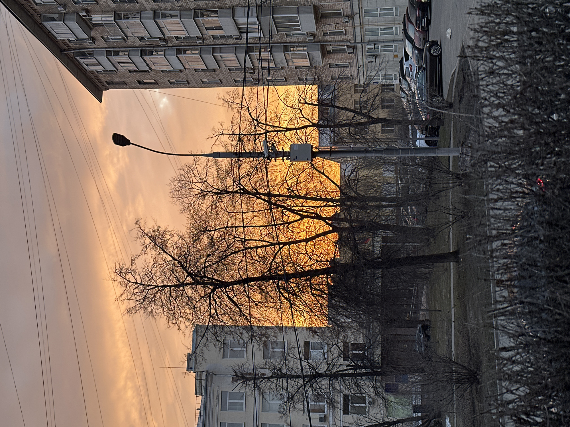 The image displays an urban landscape in Moscow, Russia, during either sunrise or sunset, indicated by a prominent orange and yellow sky with faint cloud patterns.
In the mid-ground, numerous bare deciduous trees and dormant bushes are silhouetted against the bright sky, creating a stark contrast. A tall, dark street light pole with a curved fixture and an attached grey utility box is positioned off-center to the right. Overhead utility lines are visible crossing the sky.
To the left, a multi-story, light-colored building with multiple windows and a flat roof featuring an antenna or lightning rod is present, with an air conditioning unit on its facade. To the right, a taller, multi-story building constructed of light-colored brick features numerous windows and several enclosed, grey-paneled loggias or balconies, with multiple external air conditioning units affixed to its exterior.
The foreground consists of bare ground, possibly covered with remnants of snow or dry grass, and a low, dark metal railing partially obscured by dormant bushes. In the mid-ground, behind the vegetation, several vehicles are parked on paved surfaces, including a dark coupe (possibly a Mercedes-Benz E-Class) and various other sedans and SUVs. No individuals are visible in the scene. The overall environment suggests a cool season, likely late autumn, winter, or early spring.