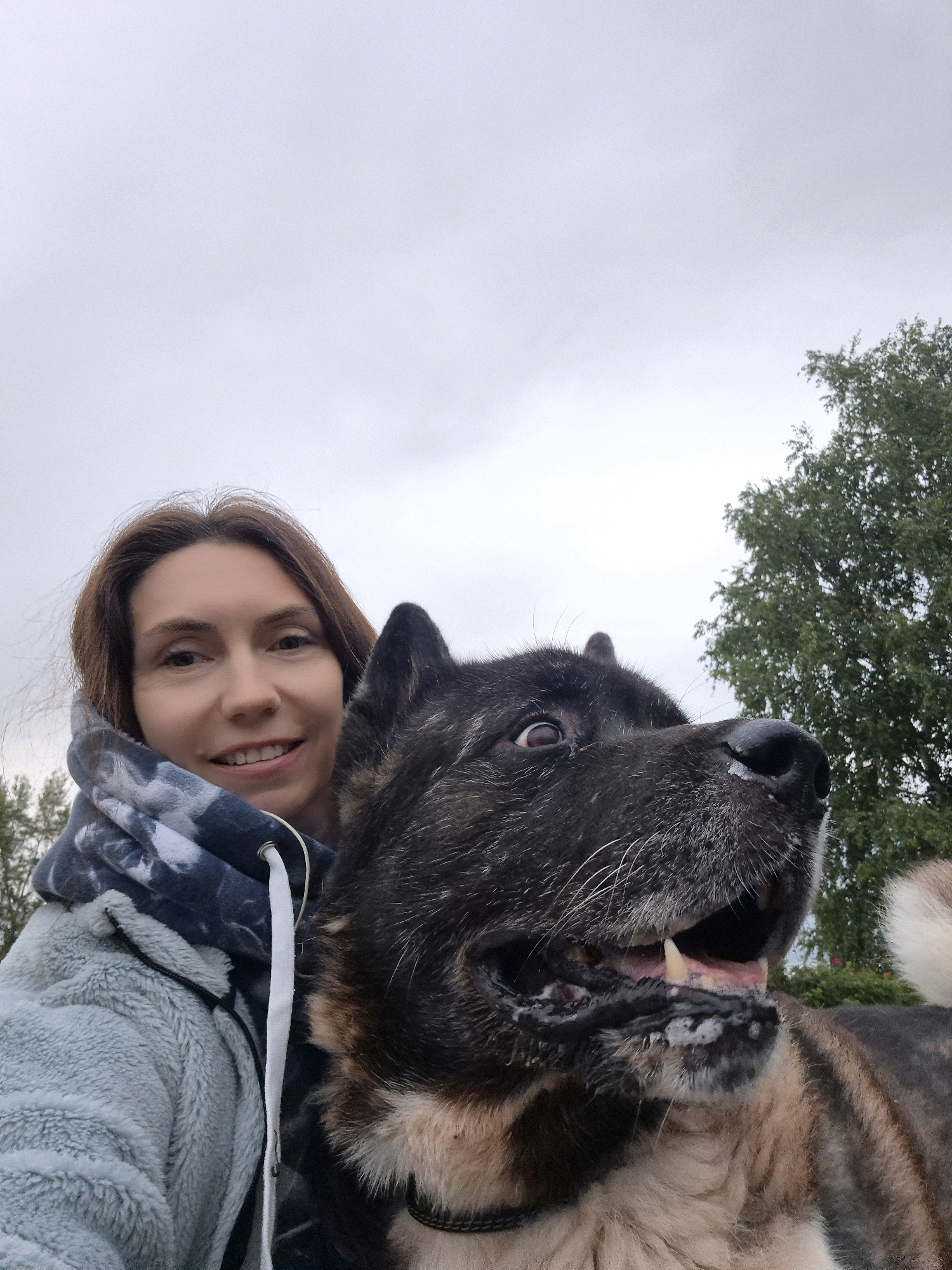 In a selfie taken outdoors, a woman with brown hair and a light blue hooded jacket smiles at the camera. Next to her, a large black and brown dog with a dark nose and wide eyes is also captured in the frame, its mouth open as if panting or about to bark. The background consists of a gray, overcast sky and the green foliage of trees. The image appears to have been taken in the city of Chaikovsky, Russia, suggesting an outdoor recreational setting such as a park or a natural area within the city limits.