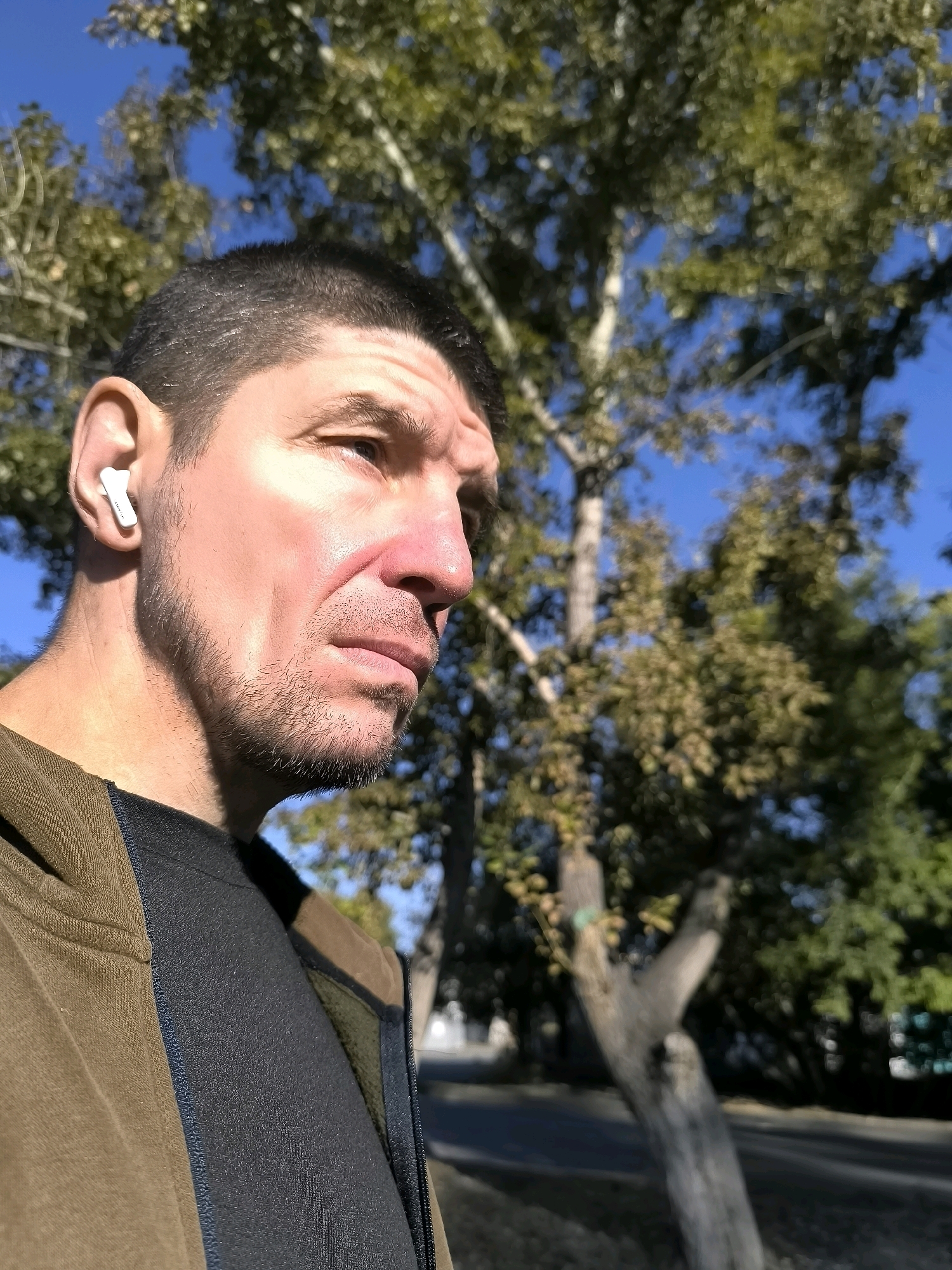 A man with short dark hair and stubble is shown from the chest up, facing to the right. He is wearing a dark t-shirt and a brown hooded jacket. A white earbud is visible in his left ear. The background consists of trees with green and yellow leaves against a bright blue sky. The scene appears to be outdoors in a park or wooded area.