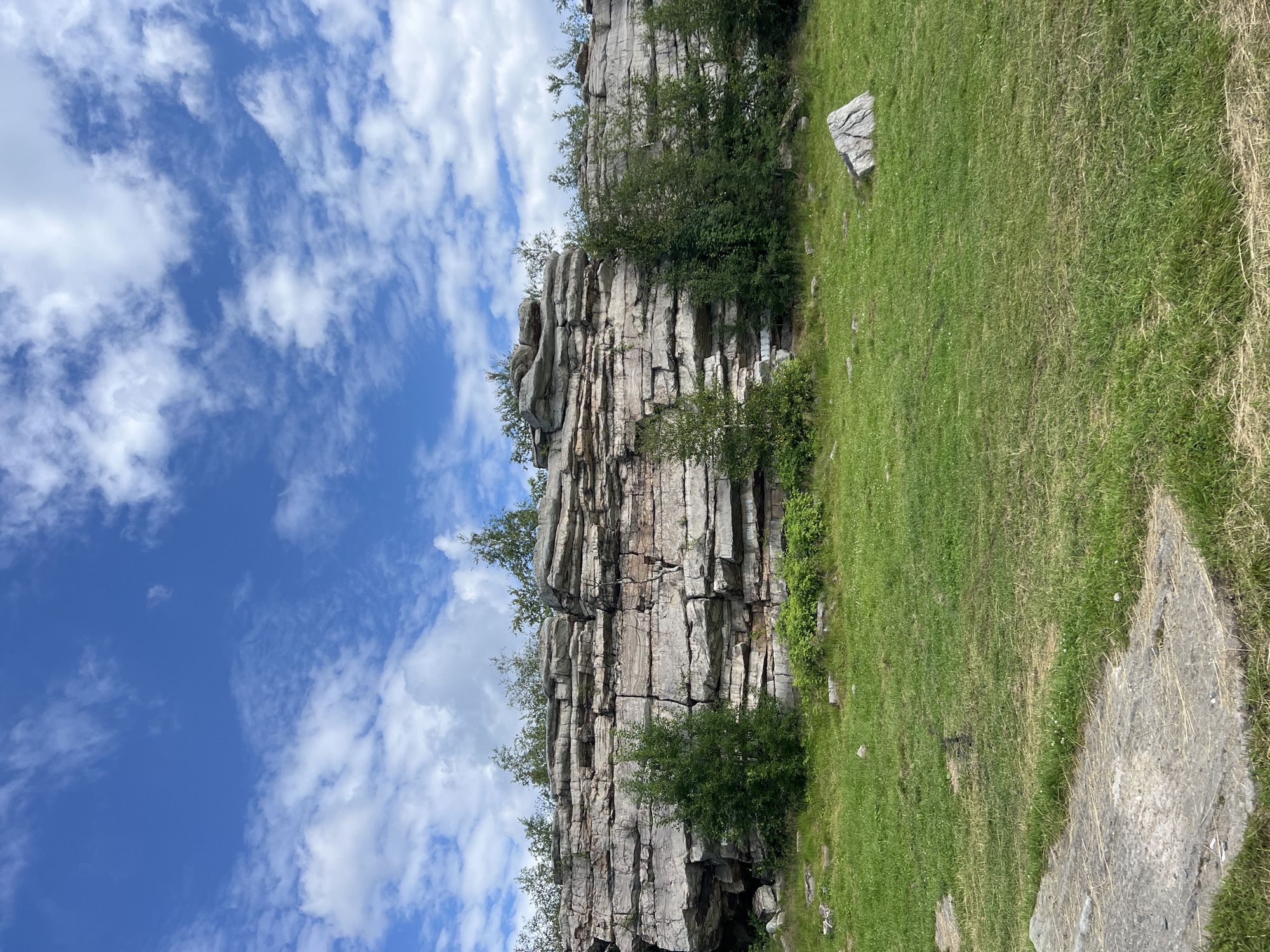 This is a wide-angle, eye-level, outdoor photograph of the Perm Krai rock formations in Gubakha, Russia. The image captures a layered rock cliff face under a blue sky with scattered white clouds. The rock face is predominantly gray with horizontal striations and some darker mineral deposits. Small green trees and bushes grow on top of and in front of the rock formation. The foreground is a grassy field with scattered rocks and a large, flat stone slab in the lower left corner. The overall scene depicts a natural, rocky landscape on a clear day.