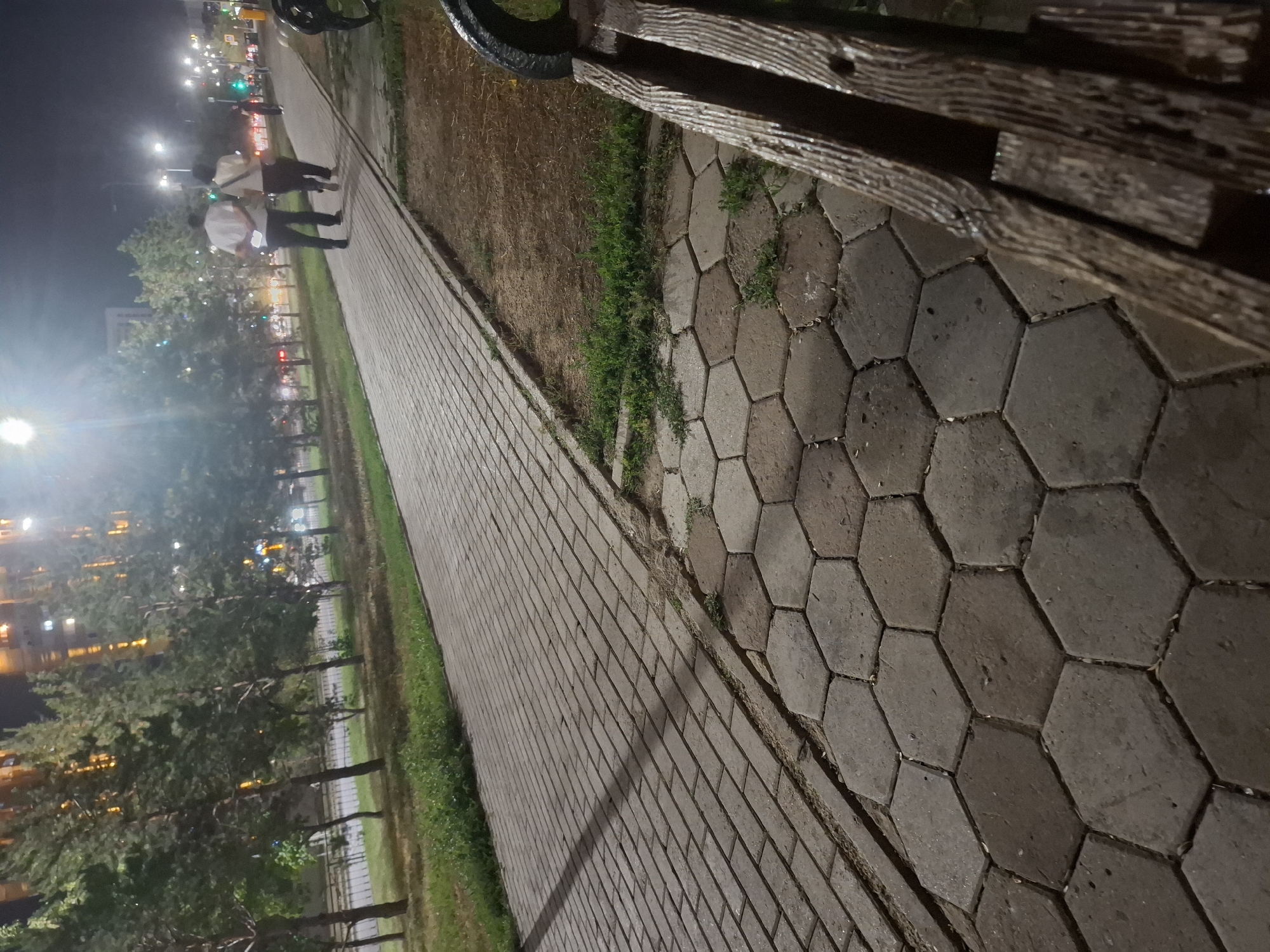 The image depicts a nighttime scene on a paved walkway in Astana, Kazakhstan. Two individuals, a male and a female, are walking away from the camera on the walkway. They are dressed in casual attire, with the male wearing a white shirt and dark pants, and the female wearing a light-colored top and dark pants. The walkway is paved with hexagonal and rectangular concrete blocks. Adjacent to the walkway, there is a grassy area with trees and in the background, buildings are visible with illuminated windows. A portion of a wooden bench with a dark metal frame is in the foreground, to the right of the image. Streetlights and traffic lights are also visible in the distance, indicating an urban environment.