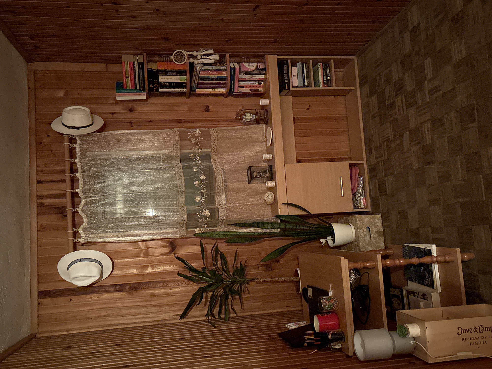The image shows an interior scene in a room with wooden walls and ceiling. There is a window covered by a lace curtain, with a white hat hanging above and below it. A bookshelf is mounted on the wall above the window, holding books and decorative objects. A wooden cabinet is positioned to the right of the bookshelf. Two plants are visible, one leaning against the cabinet and another on the floor. There are boxes and miscellaneous items stacked on the floor, with a bottle of "Juvé & Camps Reserva de la Familia" wine box. It is impossible to pinpoint the exact location in Vrnjacka Banja Municipality, Serbia without further information or context.