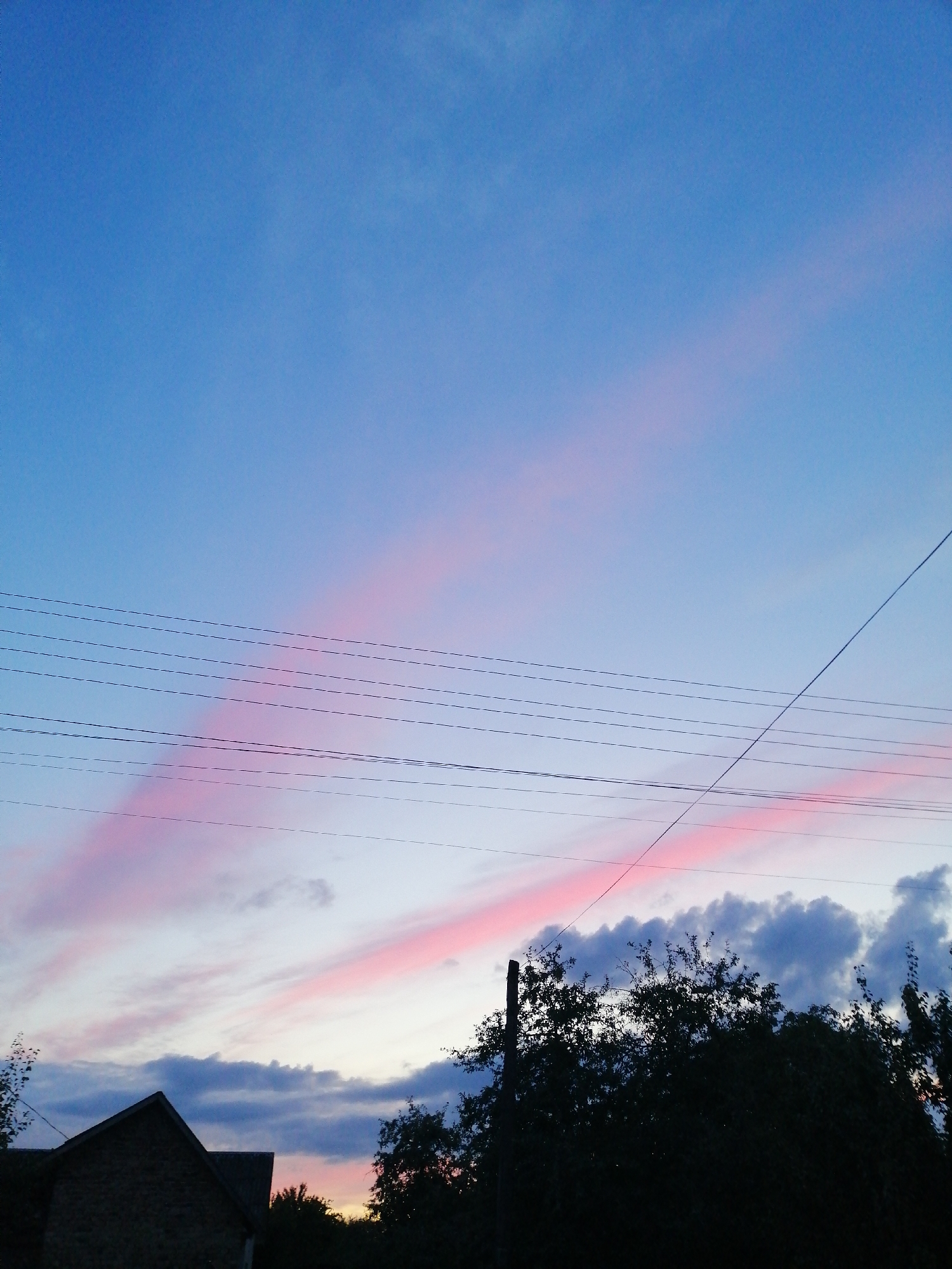The image shows a sky with pink and blue hues, indicative of sunset or sunrise. Several parallel black wires stretch horizontally across the frame, suggesting the presence of power lines. In the lower portion of the image, silhouettes of trees and the roof of a building are visible against the lighter sky. The scene appears to be an outdoor environment in a town or residential area. The location is not specified, and there are no people or active events depicted.