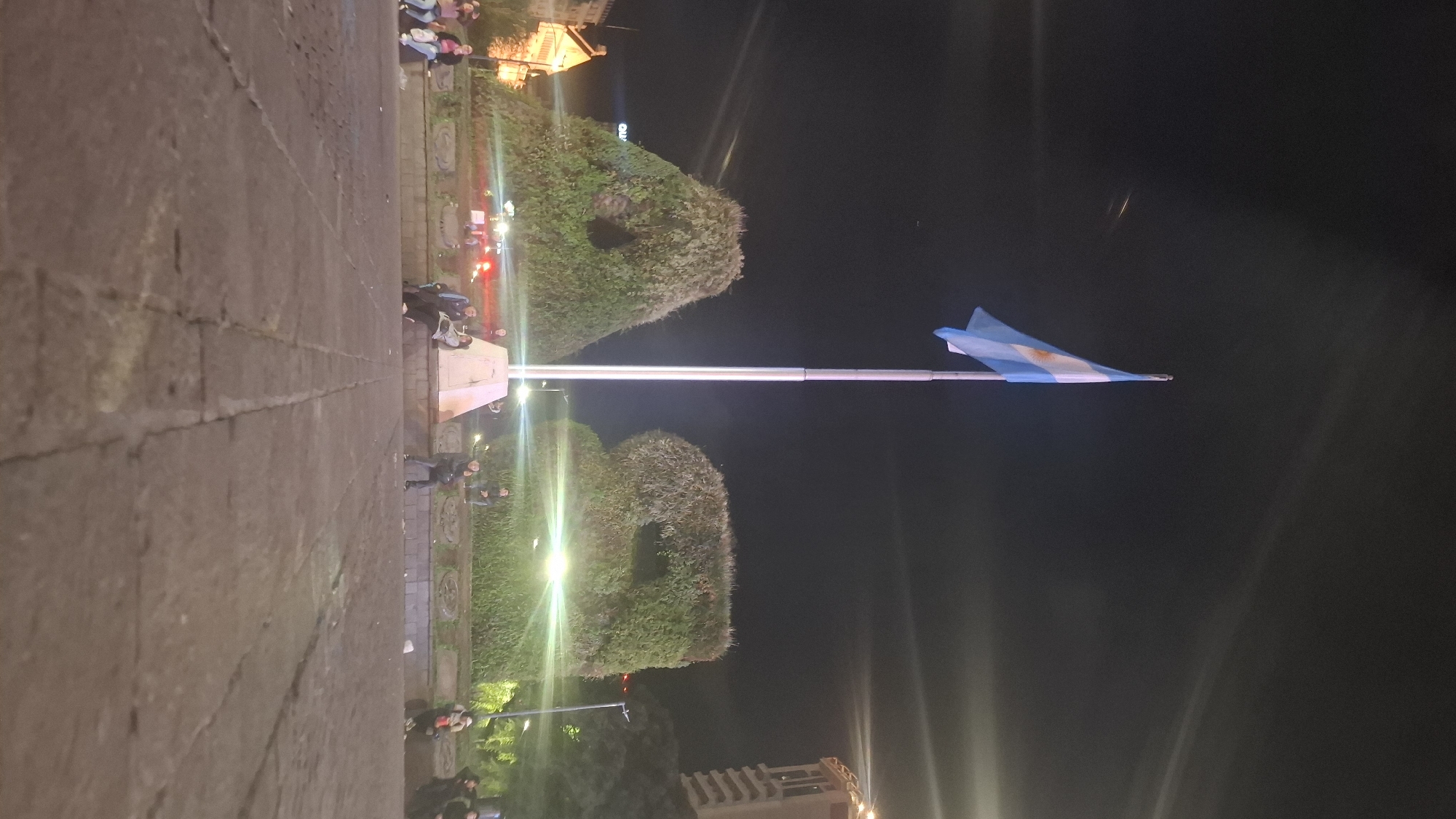 A low-angle, medium shot taken at night captures a view of Plaza de Mayo in Buenos Aires, Argentina. A cobblestone pathway leads to the base of a tall flagpole. The Argentine flag, illuminated by the flagpoles light, billows in the wind. Two verdant, neatly shaped bushes stand near the flagpole, also illuminated. In the background, blurred lights from surrounding buildings and streetlights add to the nighttime urban atmosphere. Groups of people are indistinctly visible near the base of the flagpole and along the edges of the plaza.