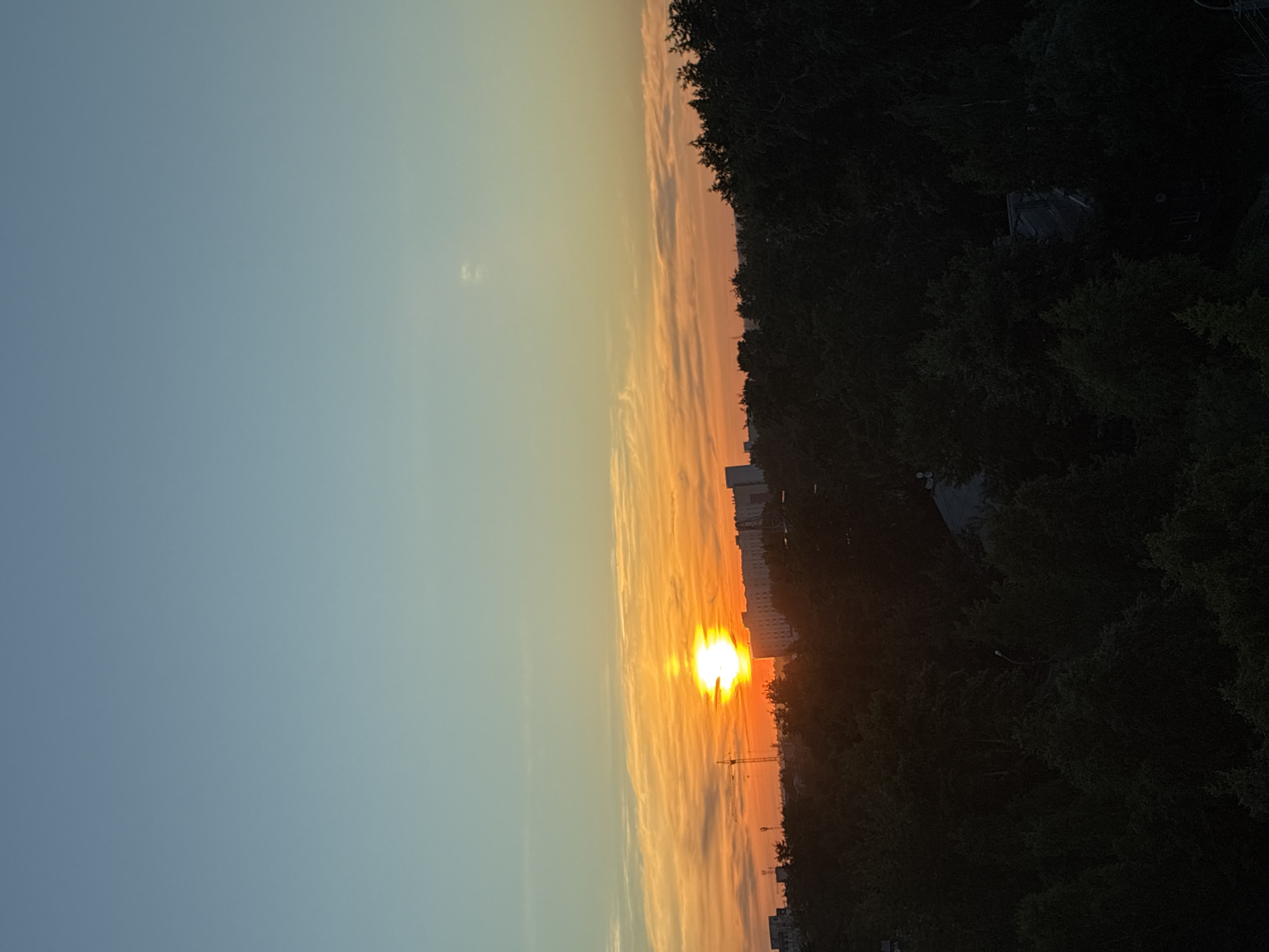 An outdoor, high-angle, full shot captures a cityscape at sunset. The sky transitions from a pale blue at the top to a vibrant orange and yellow band near the horizon, with streaks of clouds. The sun, a bright white orb, is positioned in the orange band. In the middle ground, silhouetted against the sunset, are dark green trees forming a dense canopy. Interspersed within the trees and visible above them are buildings of varying heights and a construction crane. The foreground is dominated by the dark, lush foliage of trees, obscuring much of the ground. The scene conveys a sense of twilight in an urban environment.