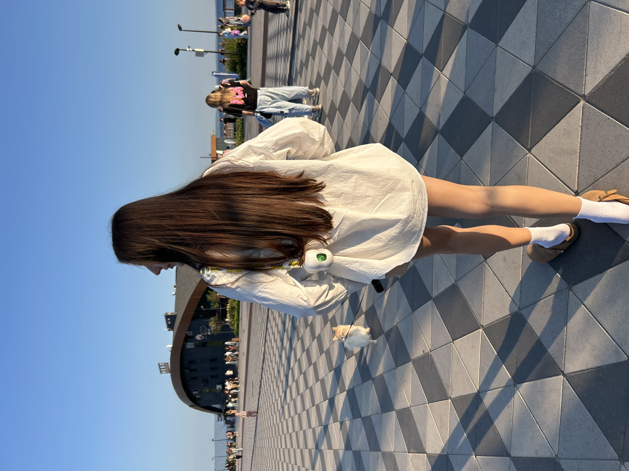 In Tolyatti, Russia, a young woman with long, dark hair walks her fluffy white dog on a leash. She is wearing a loose white shirt, white socks, and brown slip-on shoes. The dog is looking down at the ground. They are on a paved walkway with a geometric pattern of gray and black diamond-shaped tiles. The sun is shining, casting distinct shadows from the woman and the dog onto the tiles. In the background, there are other people walking and standing around, some appearing to be near a body of water. There are also lampposts and a building with windows visible. The sky is clear and blue. The overall mood appears relaxed and casual, likely a pleasant day for a walk. A small green and white object, possibly a dog poop bag dispenser, is attached to the woman's shirt. A yellow lanyard with text is also visible on her shirt.