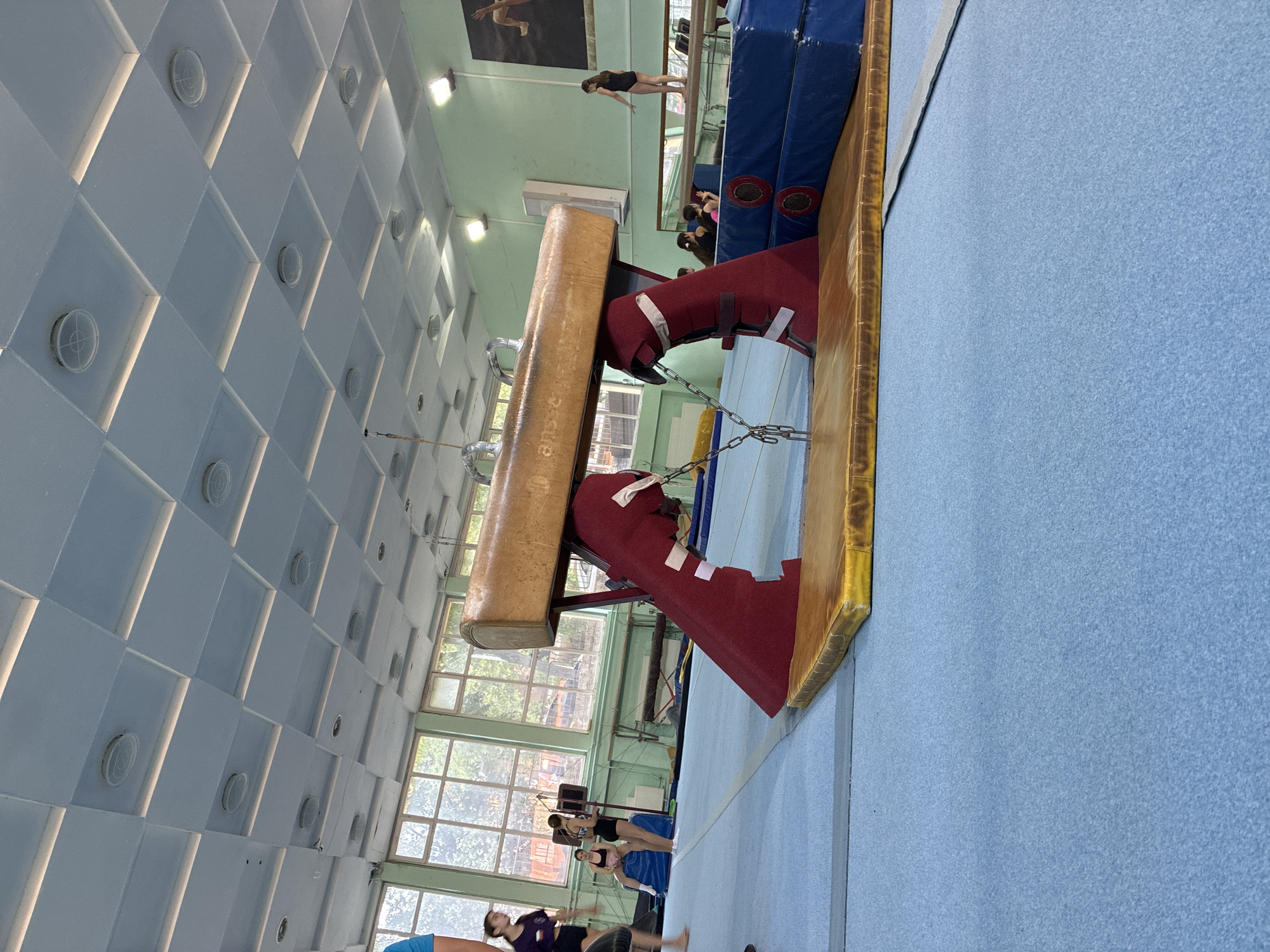 This image captures the interior of a gymnastics training facility or gymnasium, specifically in Blagoevgrad, Bulgaria. The main subject in the foreground is a large, classic wooden pommel horse or vaulting horse, supported by red padded structures and secured with metal chains.
The floor is covered with a light blue, textured matting, and the walls are painted a light green. The ceiling features a distinctive grid pattern of recessed squares, each containing a circular light fixture, creating a geometric aesthetic. Large, multi-paned windows are visible in the background, allowing natural light to illuminate the space, indicating it is daytime.
Several individuals, likely gymnasts or trainees, are present throughout the scene. In the mid-ground, a person wearing a dark leotard is captured in mid-air above blue padded mats, suggesting an active gymnastic maneuver or practice. Another individual stands on a blue mat, and other figures are partially visible further back near the windows and in the foreground, observing or participating in training.
Visible text "a-sue" or "a-cue" is faintly inscribed on the side of the wooden pommel horse. The image is rotated approximately 90 degrees clockwise, giving it an unusual perspective where the floor appears as a vertical surface and the ceiling as a horizontal one. The overall scene depicts an active and well-lit gymnastics training environment.