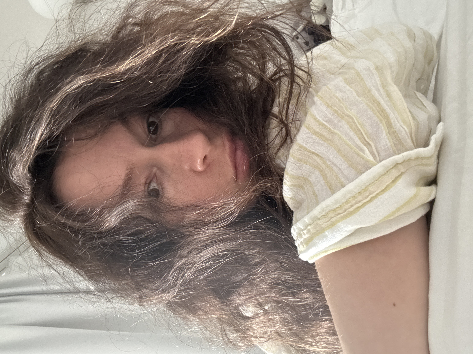 The image is a close-up portrait, rotated 90 degrees to the left, showing a person with long, dark brown hair and fair skin. The subject appears to be lying down, looking directly at the camera with a neutral expression. Their hair is a prominent feature, appearing somewhat tousled and messy, with individual strands catching the light, revealing subtle lighter streaks. The person's eyes are open and gaze directly forward, while their nose and part of their lips are visible.
They are wearing a light-colored shirt, possibly cream or pale yellow, with subtle vertical stripes. The sleeve on their right arm is rolled up, showing a bare arm. The background is composed of light-colored, soft fabrics, resembling bedding or pillows, indicating an indoor setting, likely a bedroom. The lighting is soft and natural, suggesting daytime conditions indoors. There are no strong shadows or bright highlights.
The activity appears to be simply resting or posing for a selfie. There are no other people or distinct objects visible beyond the person and their immediate surroundings. No text is visible within the image. The provided location context is Chaikovsky, Russia.