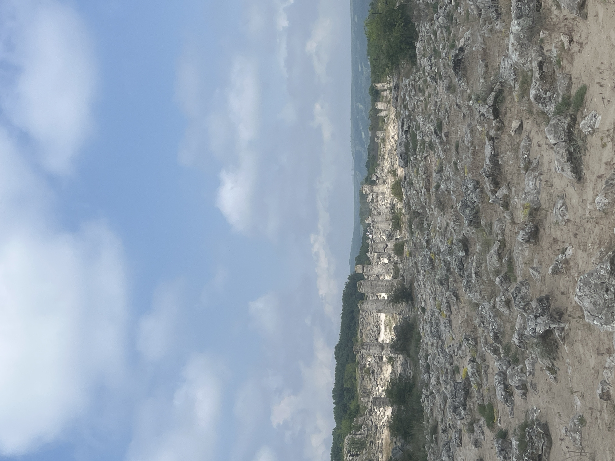 The image captures a panoramic view of ancient rock-hewn structures set against a vast sky. The scene is likely located in a rugged, hilly region, consistent with the Slanchevo area of Bulgaria.
In the foreground and mid-ground, the terrain is characterized by dry, rocky ground interspersed with sparse patches of green vegetation and small bushes. The dominant features are the extensive ruins of what appears to be an ancient settlement or monastery, carved into or built from the natural rock face. These structures feature visible light-colored stone walls, fortified sections, and rectangular openings, suggesting former windows or doorways of cave dwellings or religious buildings. The architectural style points to a significant historical and cultural site.
Beyond the immediate rock formations and ruins, a landscape of rolling hills, densely covered with green trees, stretches into the distant horizon. The upper portion of the image is dominated by a clear, light blue sky with scattered white, fluffy clouds, indicating fair weather. The bright, natural illumination suggests the photograph was taken during the day, likely mid-morning or early afternoon. No people are visible, and no specific activity is taking place, creating a sense of historical tranquility. There is no discernible text in the image.