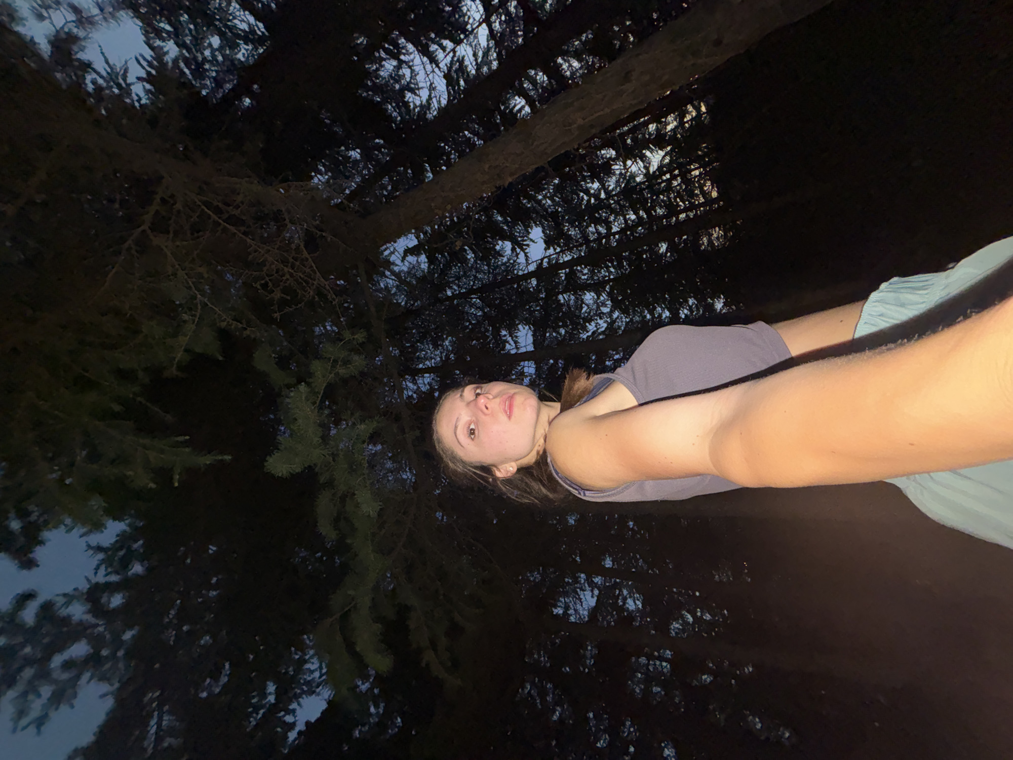 A young woman is photographed from a low angle in a forest at dusk. She is looking up and to her right, with her right arm extended towards the camera, obscuring part of the foreground. She is wearing a dark grey tank top and light blue shorts. The background consists of tall, dark pine trees, with the twilight sky visible through the branches. The lighting is dim, with the primary light source appearing to be from below and to the left, casting a warm glow on the woman's arm and face. The location is described as a forest in Varna, Bulgaria.
