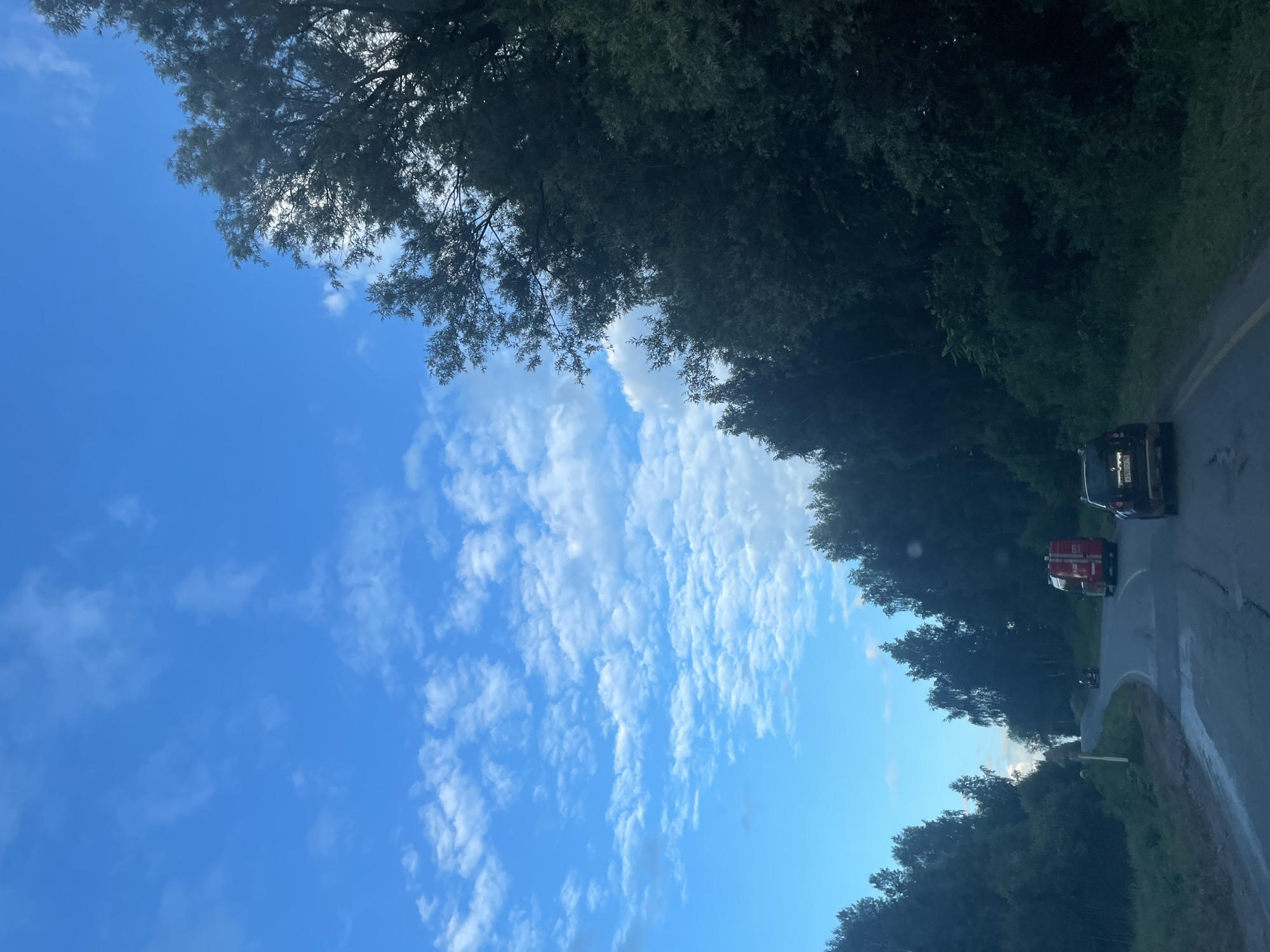 The image depicts a road curving through a forested area, likely in or near the city of Kamkoye, Russia. The sky is bright blue with scattered white clouds. Dense green trees line both sides of the road. On the road, a red fire truck is visible, followed by a black SUV. Further down the road, another vehicle is also present. The road appears wet, suggesting recent rain.