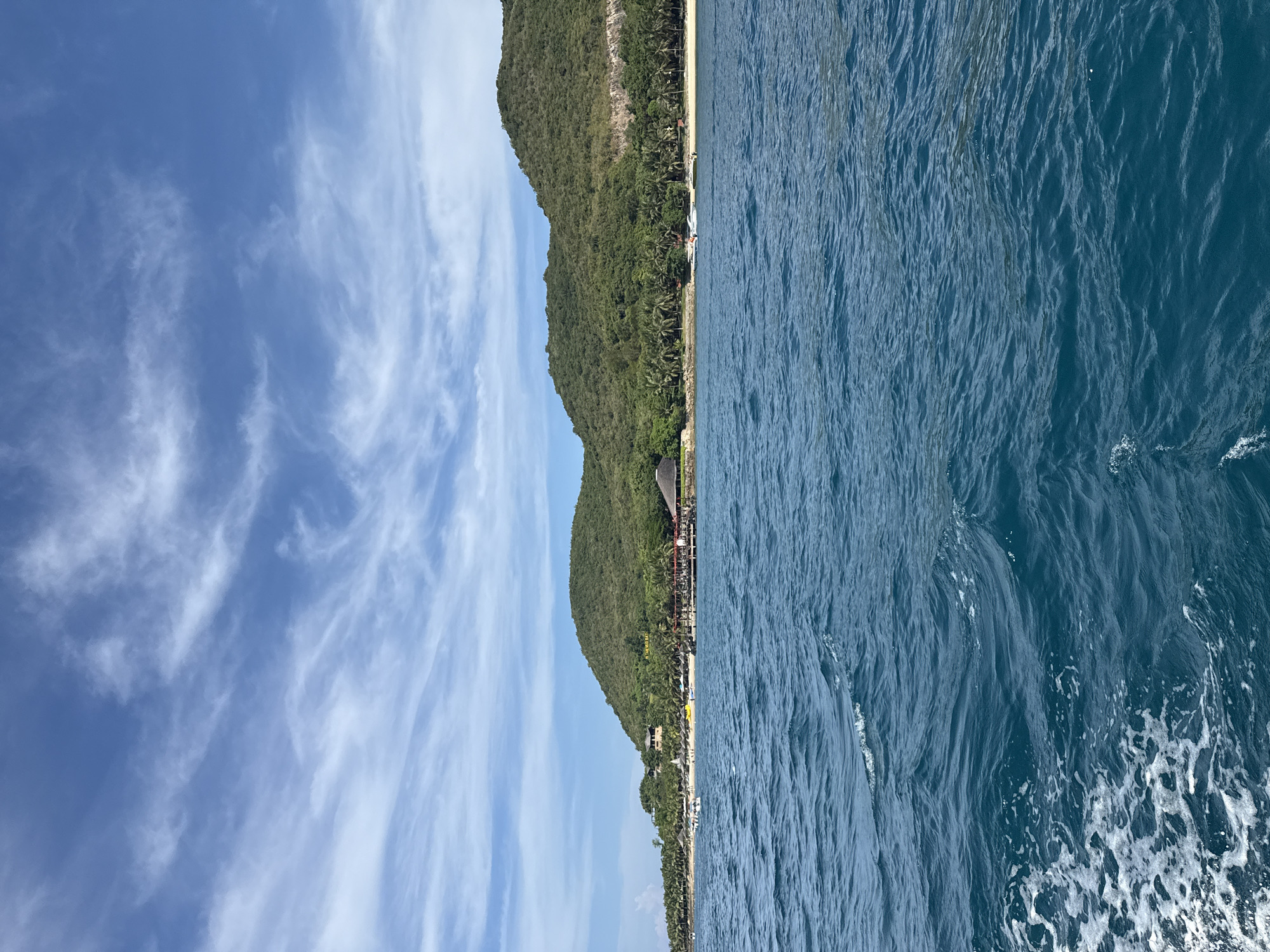 The image depicts a coastal scene, likely in Nam Nha Trang Ward, Vietnam. On the left, there is a blue sky with wispy, cirrus clouds. Adjacent to the sky is a verdant, hilly terrain covered in dense vegetation. A narrow strip of sandy beach runs along the base of the hill, dotted with palm trees and structures that suggest a resort or beachfront property. On the right side of the image is the deep blue sea, with visible wave patterns and some white foam near the bottom right corner, possibly indicating movement of a boat.