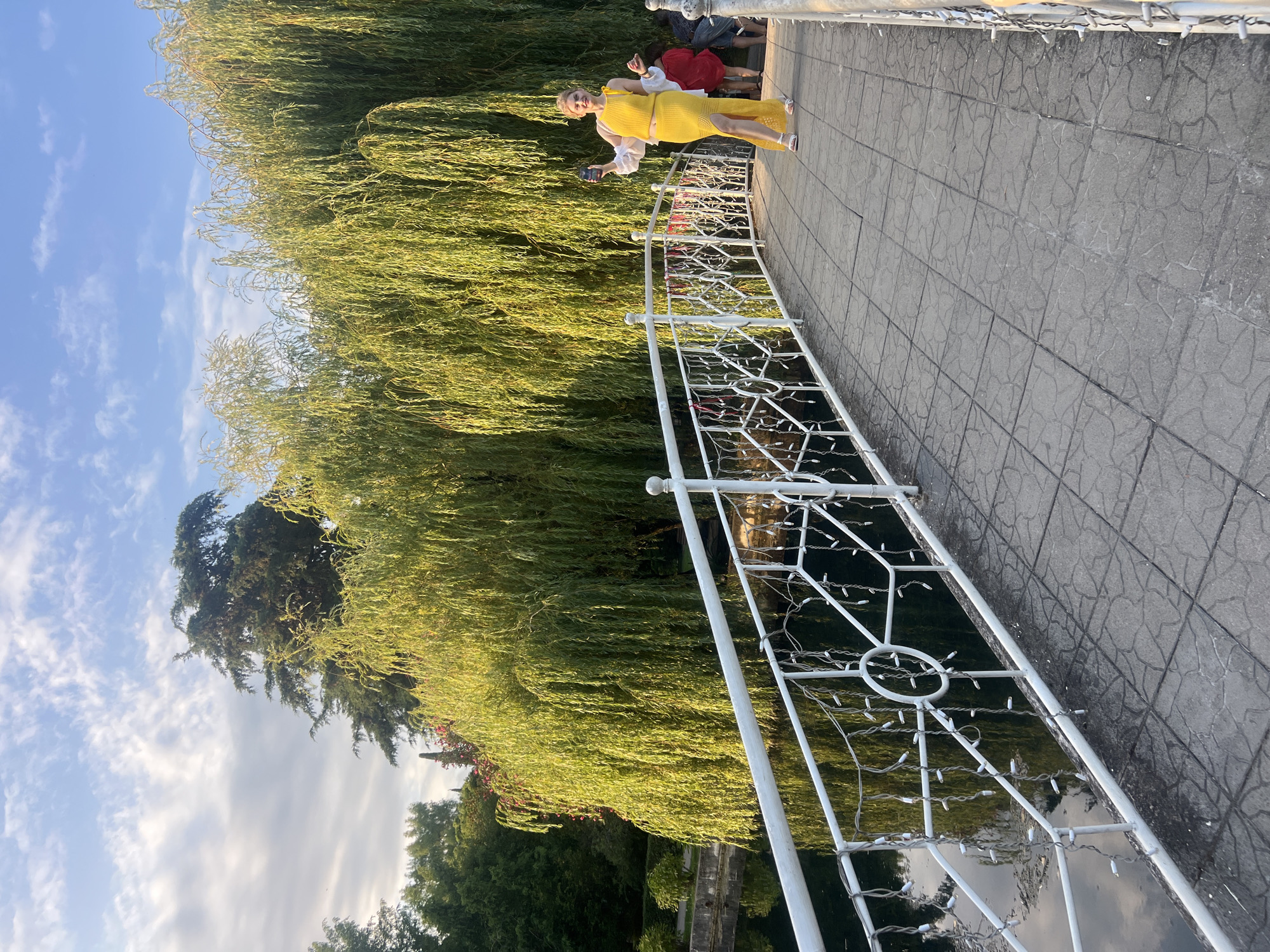 A woman in a yellow dress is walking across a white bridge. The bridge has a white railing adorned with small, white lights. The woman is holding a phone in her right hand, possibly taking a selfie. She is smiling and looking towards the camera. Behind the bridge, a large weeping willow tree with vibrant green leaves is prominent. In the background, there is a body of water reflecting the trees and sky. The sky is partly cloudy with a blue hue. The bridge is paved with square tiles. The overall scene suggests a pleasant outdoor setting in New Athos, Abkhazia.