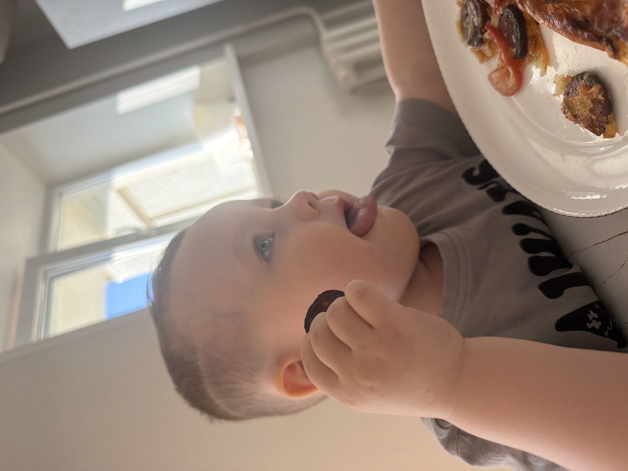 A baby with blue eyes, wearing a grey t-shirt with black skeletal print, holds a dark circular object in his left hand and sticks his tongue out. The baby is in close proximity to a white plate containing food, including sausage and potatoes. In the background, a window lets in daylight, revealing a glimpse of the sky. The specific location in Chaikovsky, Russia is not discernible from the image.