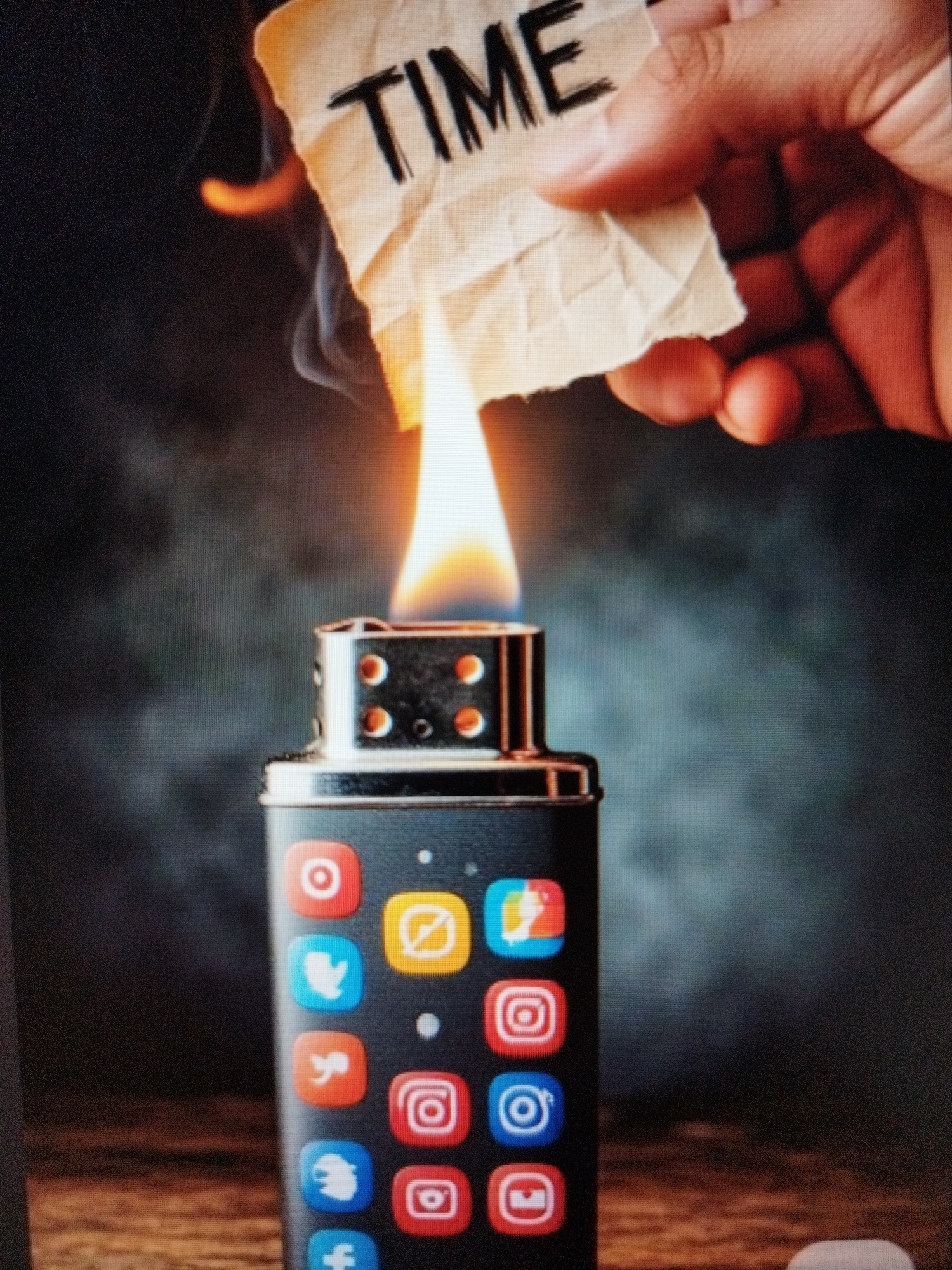 A hand holds a piece of paper with the word "TIME" written on it, which is being burned by the flame of a lighter. The lighter is black with icons representing social media apps such as Facebook, Instagram, Twitter, and others, arranged vertically on its body. The background is dark and slightly out of focus. The scene appears to be indoors, with a wood-like surface at the bottom. The image conveys the concept of wasting time on social media. There is no indication the location is Sofia, Bulgaria.
