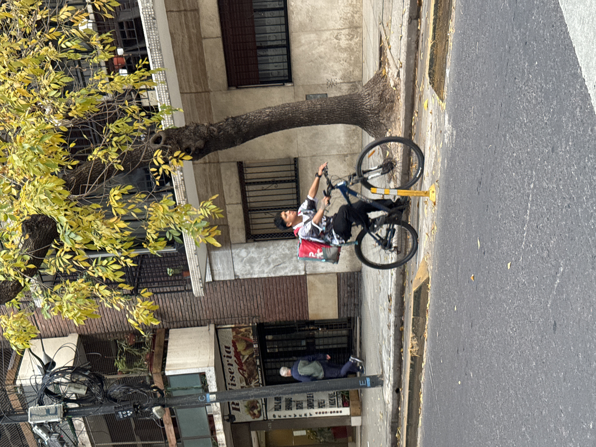 The image shows an urban scene in Buenos Aires, Argentina. A young man on a bicycle with a red delivery backpack is stopped on the sidewalk next to a mature tree that has grown horizontally along the side of a building. The tree's trunk is adjacent to the building, and its branches extend out with yellow leaves. A man in a blue jacket and gray hair is standing in front of a storefront labeled "Riseria." The street is asphalt with a concrete curb. The building facade features a mix of brick and concrete elements. An electrical pole with multiple cables and devices is visible in the lower left corner. The scene is generally well-lit, suggesting daylight.