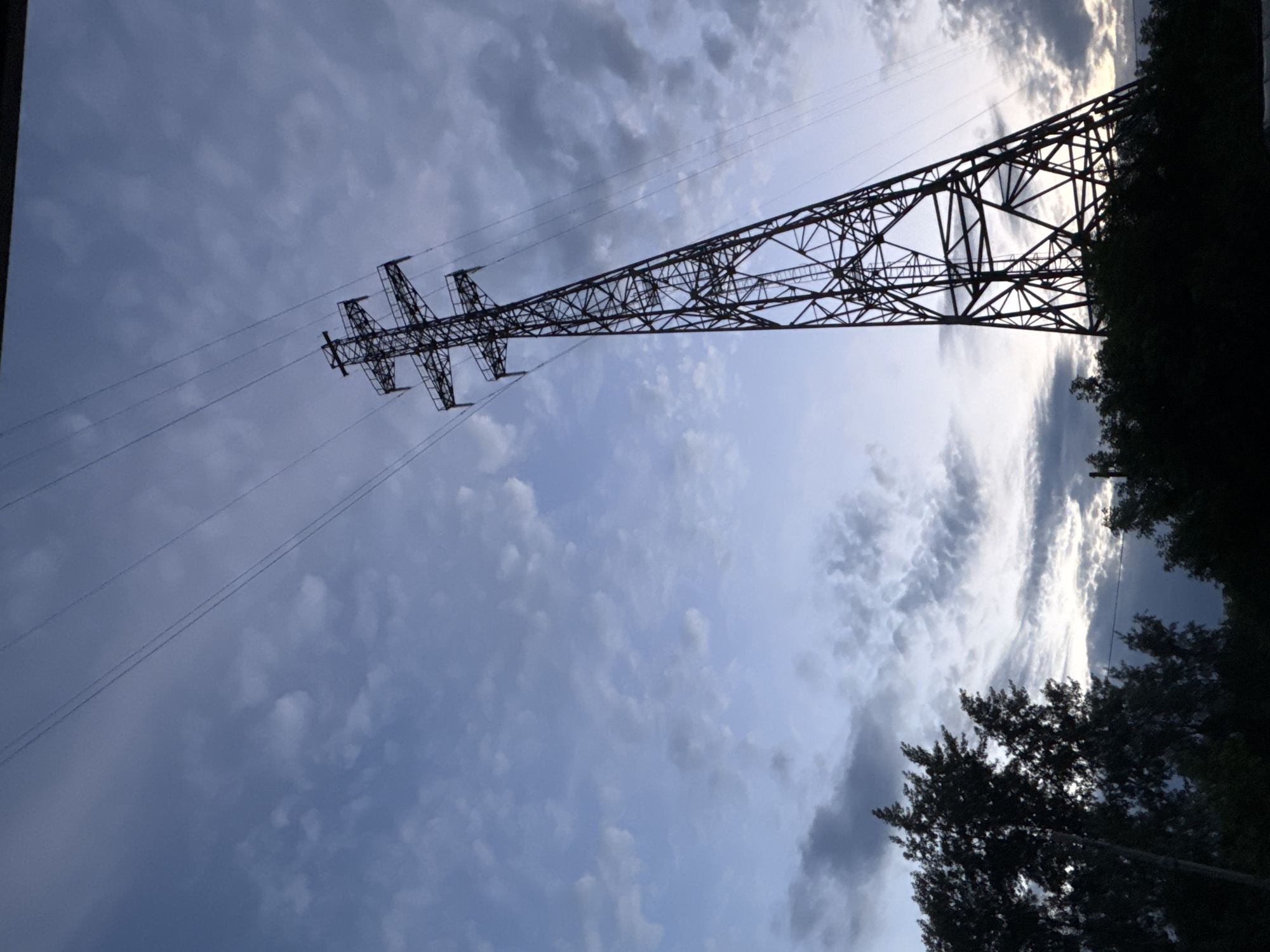 The image depicts a power line tower against a cloudy sky, viewed from a low angle looking upwards. The tower is a lattice structure made of dark metal, with multiple crossbars and supporting wires stretching across the frame. Several power lines are visible, some taut and others slightly sagging, disappearing into the distance. The sky is filled with a mix of light and dark clouds, with patches of brighter sky suggesting the sun is either setting or rising, or that there is a break in the cloud cover. The overall lighting suggests it is either early morning or late evening.
On the right side of the frame, the dark silhouette of trees frames the scene, their foliage dense and bushy. The orientation of the image is rotated, so the power lines appear to be running diagonally upwards from the bottom left to the top right, and the tower's main structure extends from the bottom right towards the center and then upwards.
There is no visible text in the image. The scene conveys a sense of industrial infrastructure integrated with nature, under a dramatic, cloudy sky. The mood is somewhat somber due to the dark clouds and silhouettes, but the bright patches in the sky hint at hope or the transition of time. The location context of Chaikovsky, Russia, suggests a potentially rural or semi-industrial setting. The absence of people indicates the focus is solely on the natural and man-made elements of the landscape.