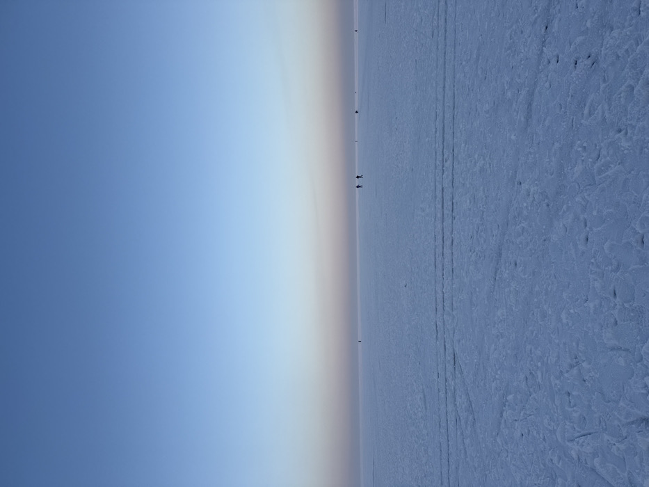 The image displays a vast, flat, snow-covered or ice-covered expanse under an open sky in Liutizh, Ukraine. The sky exhibits a gradient, transitioning from light blue overhead to a pale blue and pink hue along the distant, flat horizon line. The ground surface, particularly in the foreground, shows evidence of prior activity, including multiple parallel tracks consistent with skis or skates, and various foot impressions. Five dark, indistinct human silhouettes are distributed across the mid-ground and distant plain. Two individuals are positioned together in the mid-right, appearing to be in motion, consistent with cross-country skiing or ice skating. A third individual is situated further left in the mid-ground. Two additional small, solitary figures are discernible near the distant horizon. The overall lighting suggests either early morning or late afternoon ambient conditions.