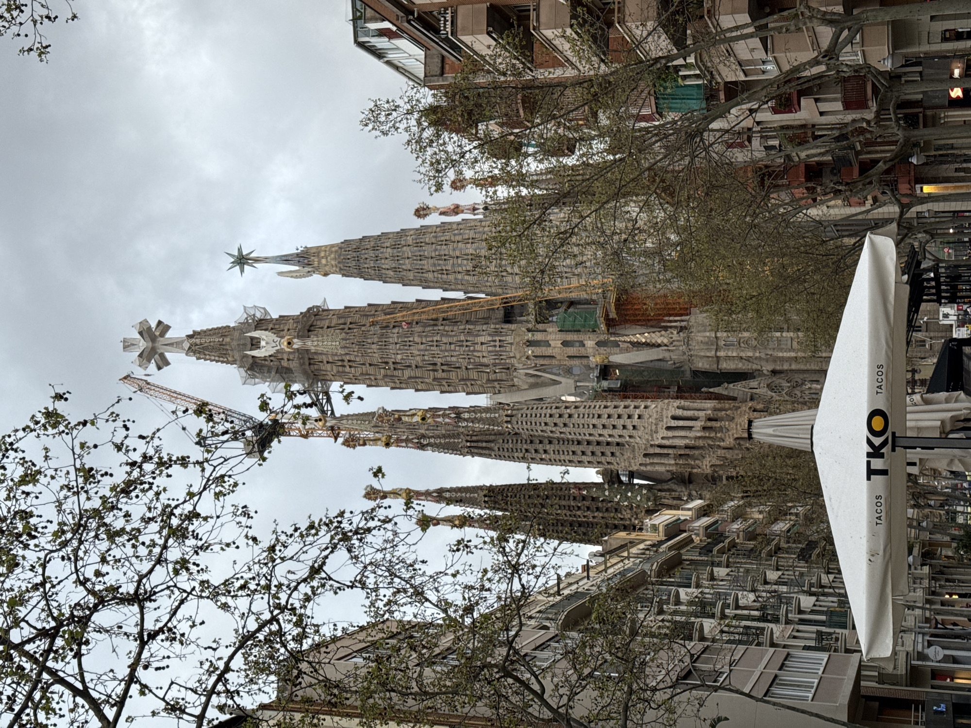 The image captures a street-level view of the Sagrada Família basilica in Barcelona, Spain, under an overcast sky. The massive stone structure, characterized by its multiple towering spires, dominates the background and midground, exhibiting ongoing construction with visible scaffolding, a prominent yellow tower crane on the left, and an orange tower crane partially visible on the right. Ornate architectural details are discernible on the spires, including a large cross-shaped finial on the tallest central spire and a star-shaped finial on another.
In the foreground, a large, partially folded white outdoor umbrella is centered, displaying "TACOS TKO TACOS" printed in black capital letters on its canopy. Surrounding the street are multi-story residential or commercial buildings featuring balconies and windows on both the left and right sides of the basilica. Deciduous trees with sparse green leaves and dark, circular seed pods frame the scene, partially obscuring both the surrounding buildings and sections of the Sagrada Família. No individuals or specific interactions are visible.
