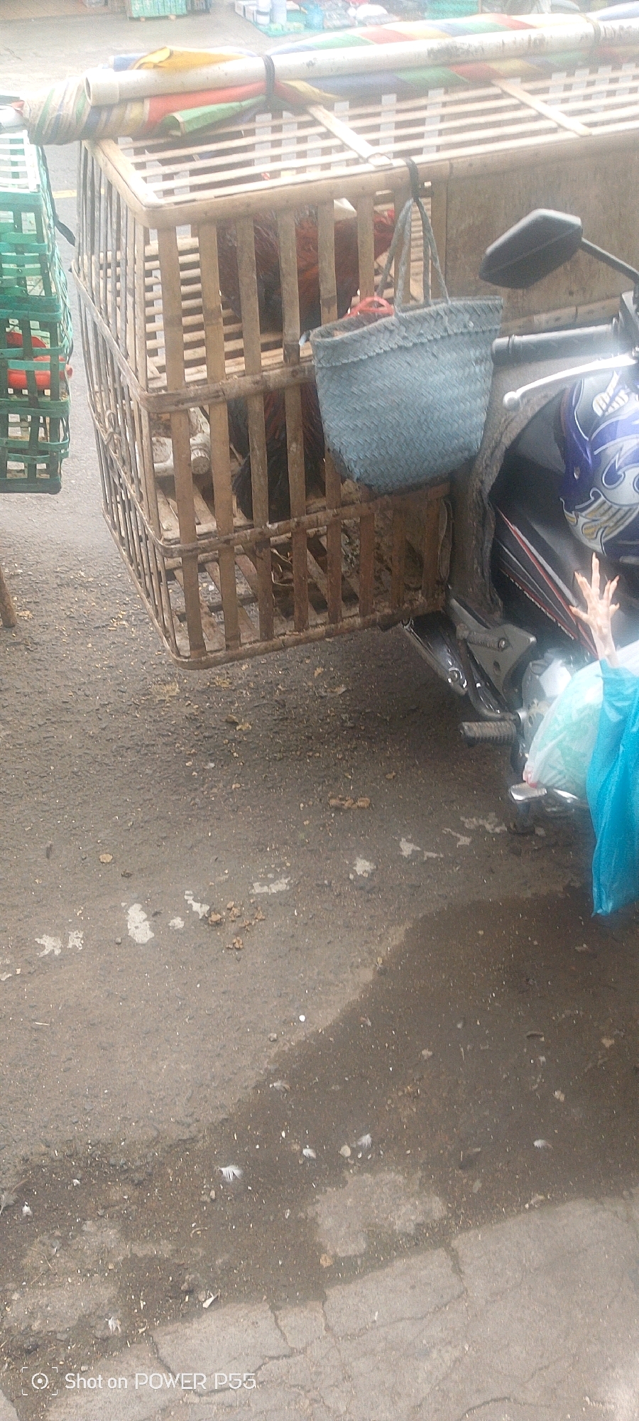 A close-up, eye-level outdoor shot captures a motorcycle parked on a wet, cracked asphalt surface. Attached to the side of the motorcycle is a large, woven bamboo cage containing at least one live chicken. A light blue woven bag hangs from the side of the cage. In the background, more stacked green plastic crates and rolled-up colorful tarps are visible. The scene is in a dimly lit, possibly commercial or roadside area.