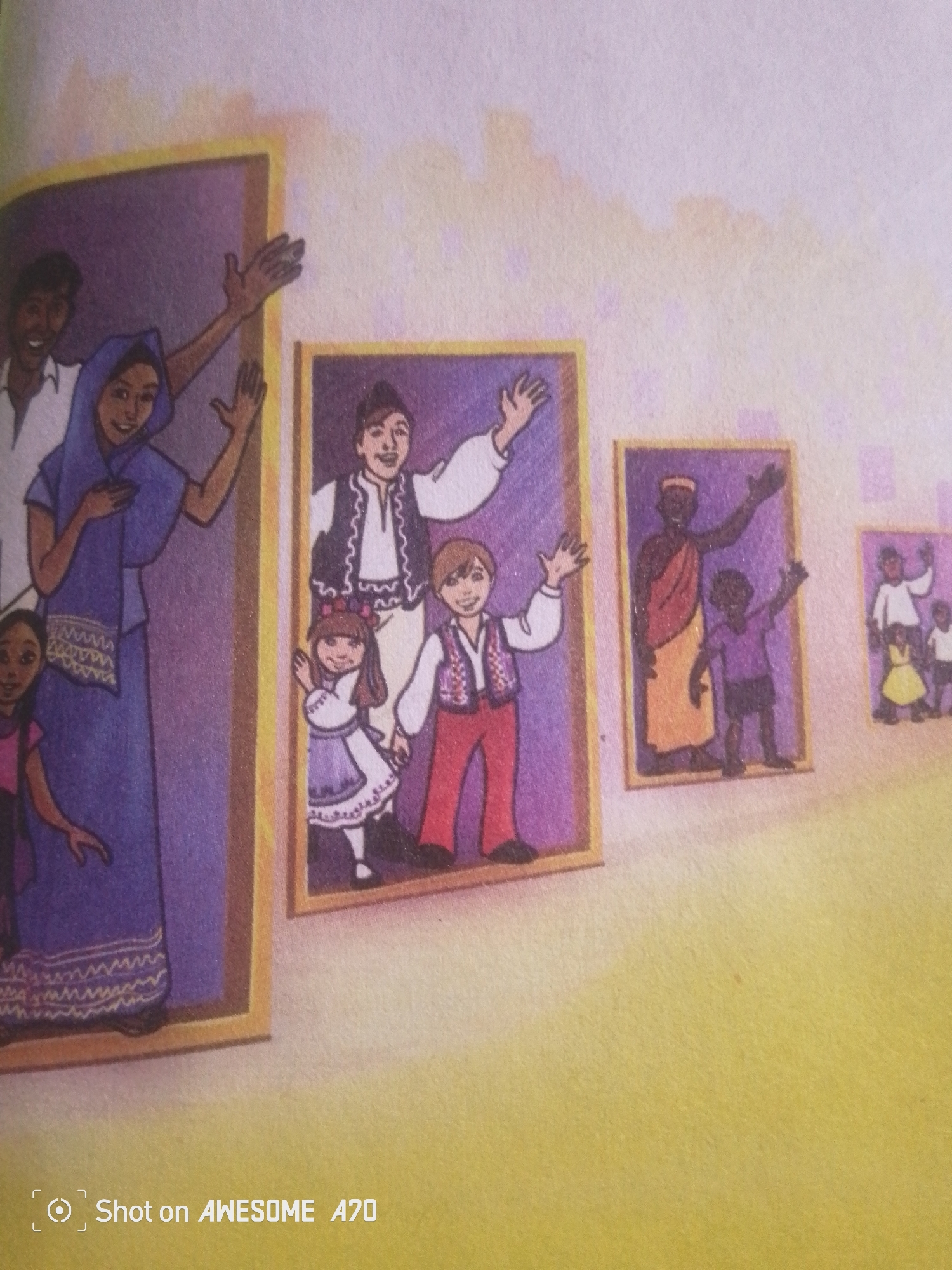 The image is a colorful illustration of framed family portraits displayed on a wall. The leftmost portrait shows a family of four: a man, a woman in a blue headscarf and dress, and two young children. The woman is smiling and waving, and the man is also waving. The second portrait features a family of four, with a man in traditional attire, a boy in a similar vest and red pants, and a young girl in a white and purple dress. The girl is also waving. To the right, there are two smaller portraits. One shows an adult and a child in traditional African clothing, both waving. The final, smallest portrait depicts three figures: an adult, a child in a yellow dress, and another child. The backdrop appears to be a textured wall in a soft yellow hue. The overall impression is one of warmth and family togetherness. The image also contains a watermark in the bottom left corner that reads "Shot on AWESOME A70".