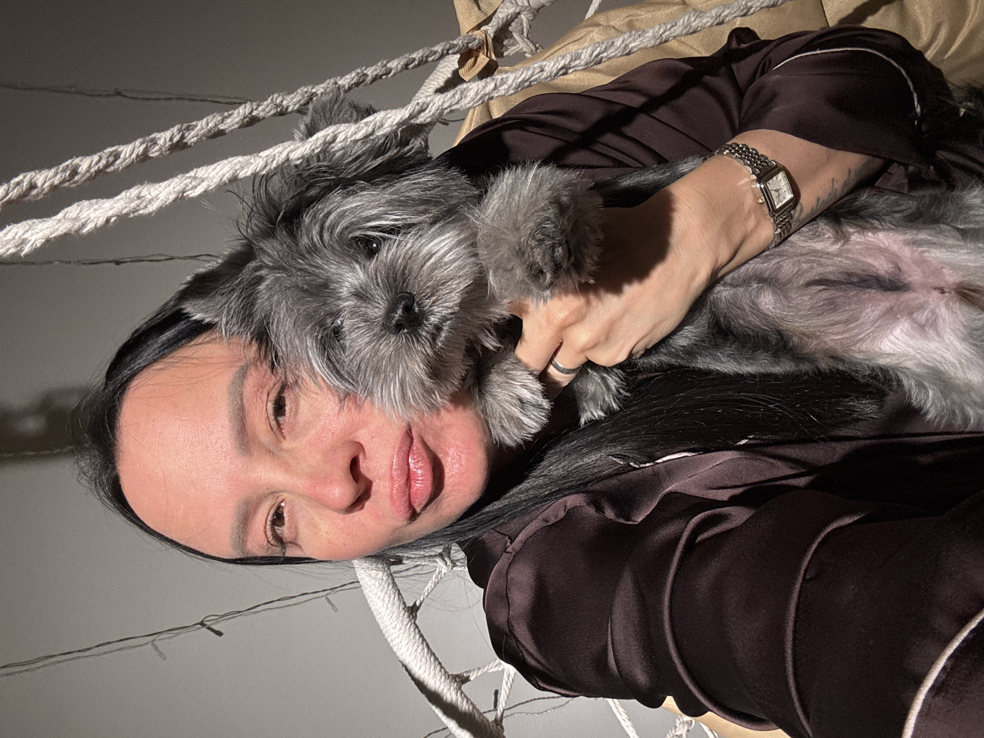 A person lies in a hammock with a gray Schnauzer dog. The person wears a brown satin top with white piping and a silver watch on their left wrist. The hammock is made of white rope. The background is a light gray wall with string lights. The image appears to have been taken indoors. There is no information in the image to suggest the location is the city of Chaikovsky, Russia.