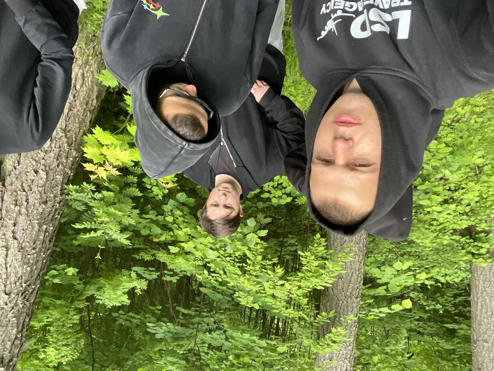 A portrait-style photograph shows three young men posing outdoors in a lush green forest, presented from a rotated perspective.
When viewed upright, the leftmost man wears a black hooded sweatshirt with the hood down, displaying "LSD TRAVEL AGENCY" printed in white capital letters, accompanied by a small white graphic of a stylized figure. He looks directly at the camera with a neutral expression. The central figure wears a black hooded sweatshirt with its hood up, revealing glasses resting on his head. This hoodie features a colorful star graphic on the chest, comprising red, orange, yellow, and green stars. He looks slightly downwards with a thoughtful or serious expression. The third man, positioned behind and to the right of the central figure, wears a black jacket over a dark t-shirt and also has a neutral facial expression.
The background is dominated by dense, vibrant green foliage, including numerous leaves and visible tree trunks that frame the subjects. The setting appears to be a natural wooded area or forest, with the lush greenery suggesting a temperate climate. The lighting indicates daytime, possibly with overcast skies or a shaded section of the forest, creating a soft, even illumination. The overall mood is calm and contemplative. The scene takes place in Красные Баки, Russia.