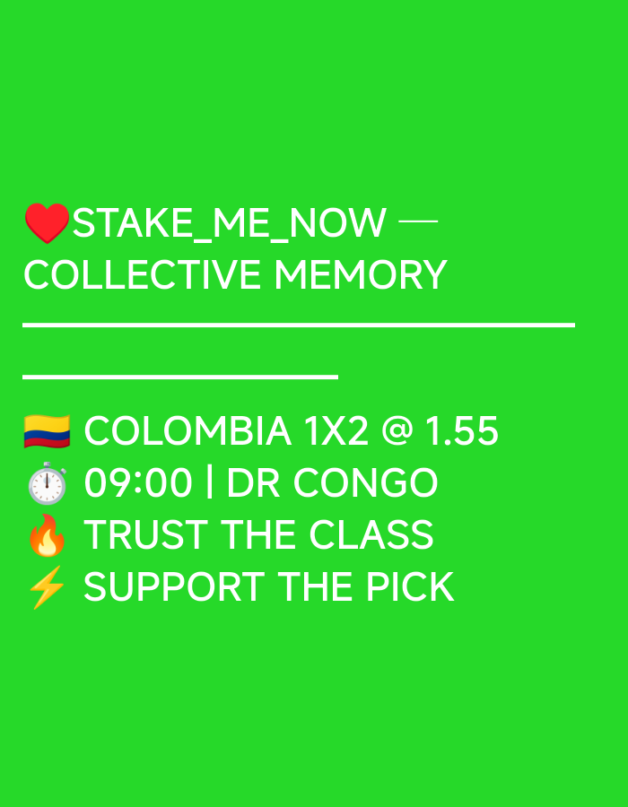 A bright green background features white text and emojis. The top of the image contains a red heart emoji, followed by the text "STAKE_ME_NOW". Below this is the text "COLLECTIVE MEMORY". A horizontal line separates this section from the next. The next section begins with the Colombian flag emoji, followed by "COLOMBIA 1X2 @ 1.55". Below this is a stopwatch emoji and "09:00 | DR CONGO". Further down is a flame emoji and "TRUST THE CLASS". The last line features a lightning bolt emoji and "SUPPORT THE PICK". The image appears to be a graphic with betting information.
