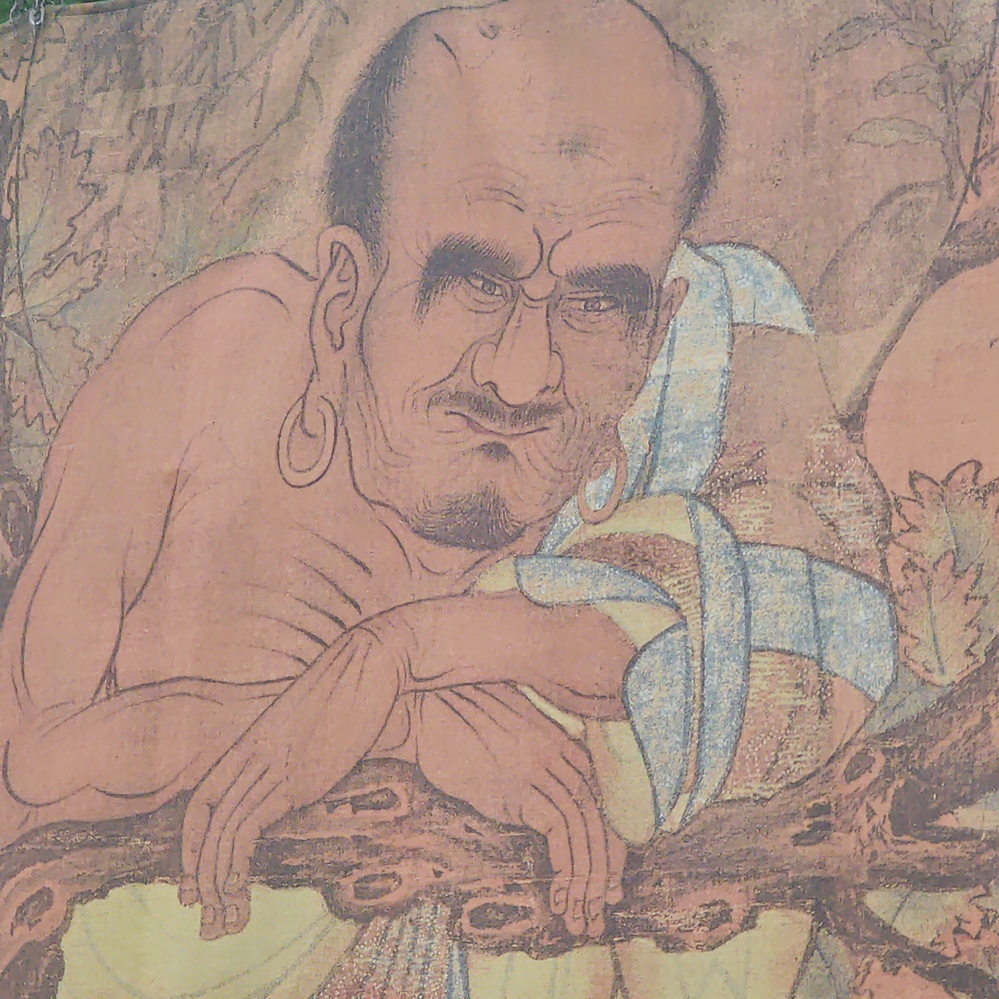 The image presents a painting or print depicting a bald, elderly man with a stern expression. He has dark hair around the sides of his head, a prominent nose, a goatee, and large circular earrings. The man is shirtless, with his arms resting on a branch or rough surface. He is partly obscured by a striped cloth, possibly draped over a cushion. The background consists of blurred foliage, suggesting an outdoor setting. There is no information to determine if the image is related to the city of Yuzhong District, China. The scene appears to be a portrait or study of a figure, possibly with religious or cultural significance.