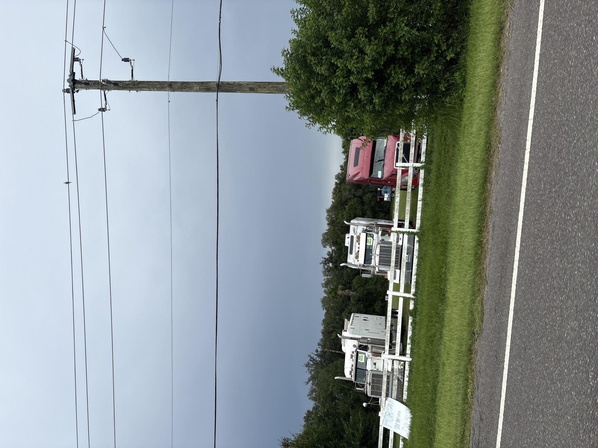This is a medium shot, eye-level, outdoor, daytime, cloudy, full-frame image of a rural roadside in Bradenton, Florida, United States, where three semi-trucks are parked behind a white fence. In the foreground, a two-lane asphalt road runs horizontally across the bottom of the frame, with a white dashed line dividing the lanes. Beyond the road is a strip of green grass. Behind the grass, a white wooden fence runs horizontally, separating the road from the field. In the field, three semi-trucks are parked. The truck on the left is white with a large white trailer. The middle truck is also white. The truck on the right is red. All three trucks appear to be for sale, as evidenced by "FOR SALE" signs visible on the trucks and a larger sign in front of the leftmost truck. A utility pole with multiple wires is visible on the right side of the image, extending upwards into the cloudy sky. Lush green trees form a backdrop behind the trucks and fence. The sky is heavily overcast and dark, suggesting an impending storm.
