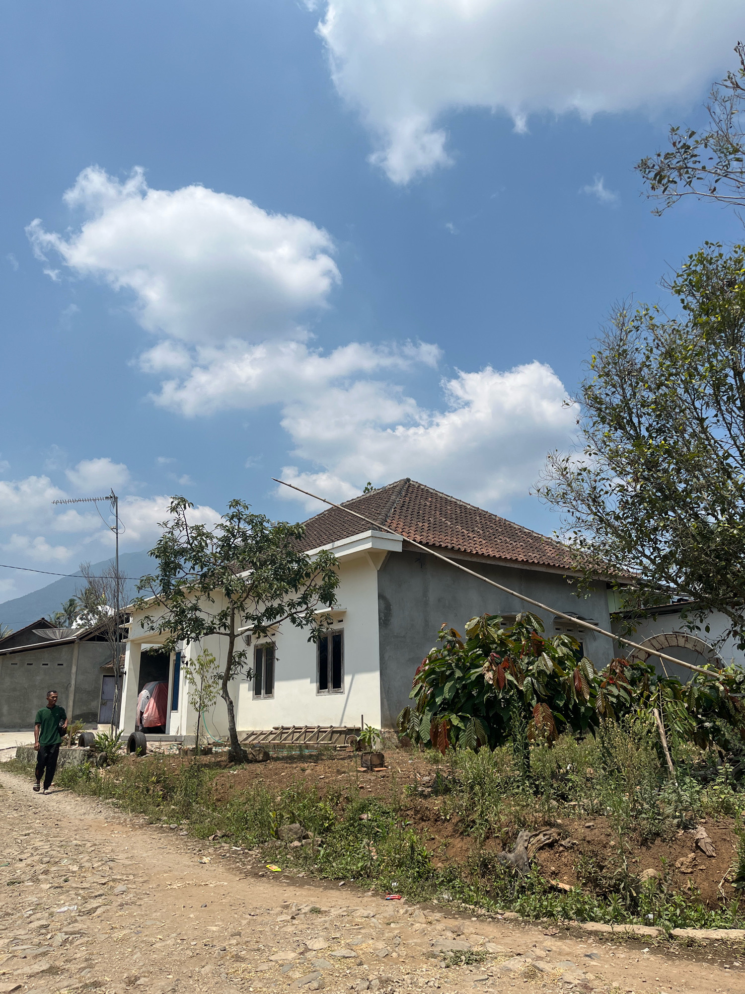 A man walks along a dirt road in a rural setting. The road is covered with stones and dirt, with grass and weeds growing on the sides. In the background, a white house with a tiled roof is visible. The house has several windows and a porch. Adjacent to the house is a smaller gray building. Trees and other vegetation surround the buildings. In the distance, a mountain can be seen through the clear blue sky with scattered white clouds. The scene appears to be in Margodadi, Indonesia.