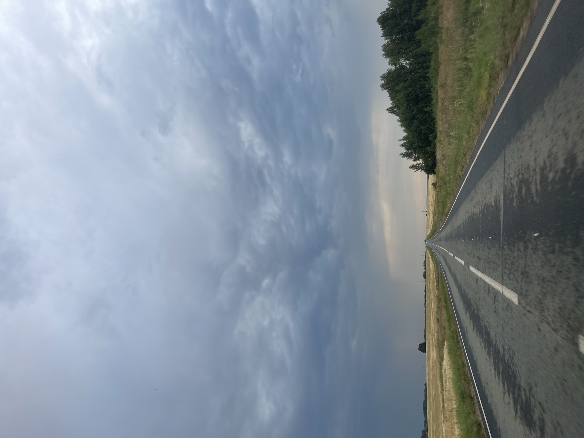 An asphalt road stretches into the distance under a cloudy sky. The road is wet, with darker patches indicating puddles or dampness. On the left side of the road, a field of dry, yellow crops extends to the horizon. On the right side, a dense line of green trees forms a border. The sky is filled with heavy, gray clouds, with lighter areas suggesting breaks or lighter rain in the distance. There are no people or vehicles visible in the image. The scene depicts a rural or semi-rural landscape in Sidorovy Gory, Russia.