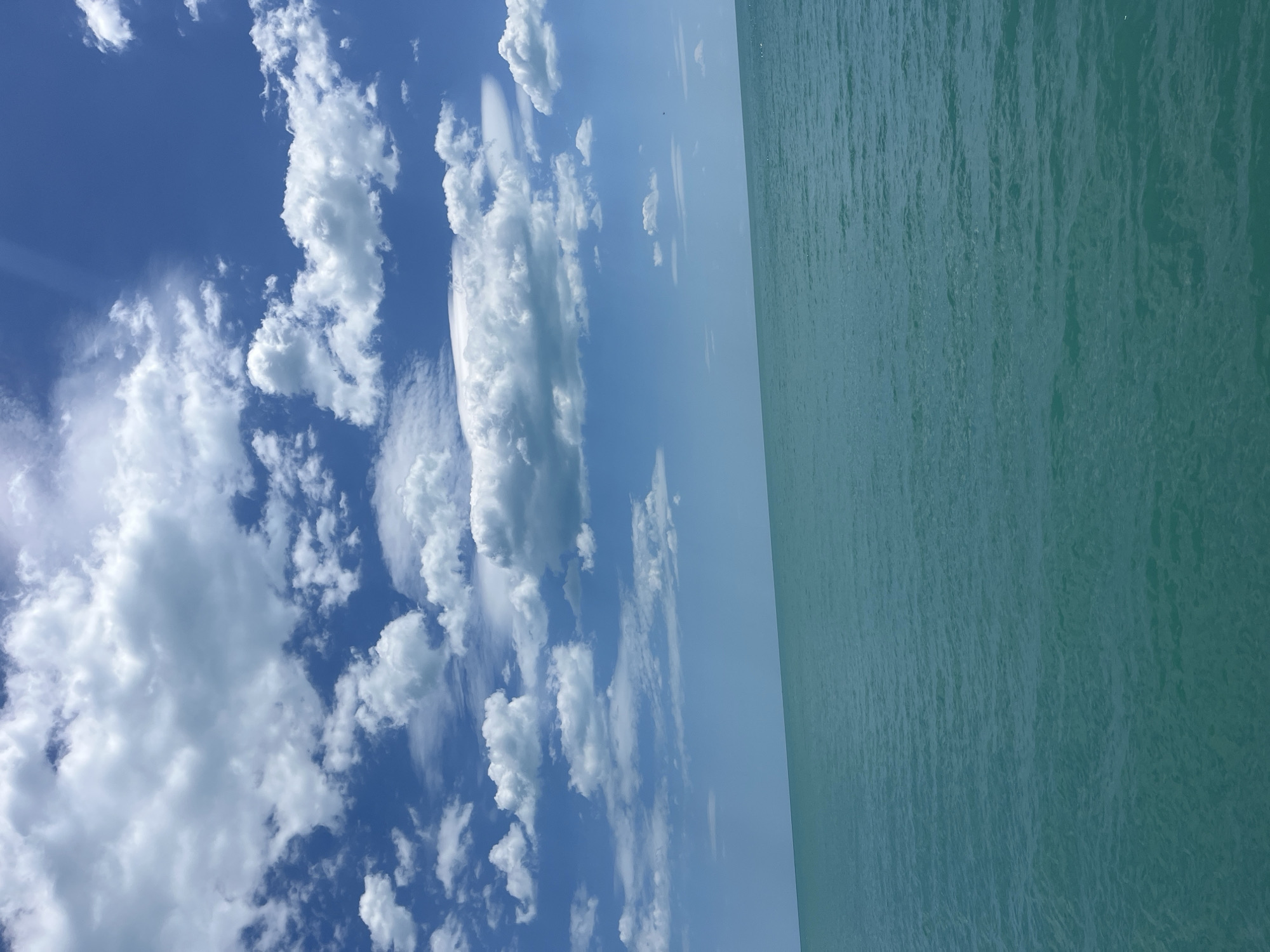 The image depicts a view of the Black Sea near Varna, Bulgaria. The sky is blue and filled with numerous white cumulus clouds. The water appears green-blue and calm. There is no visible land.