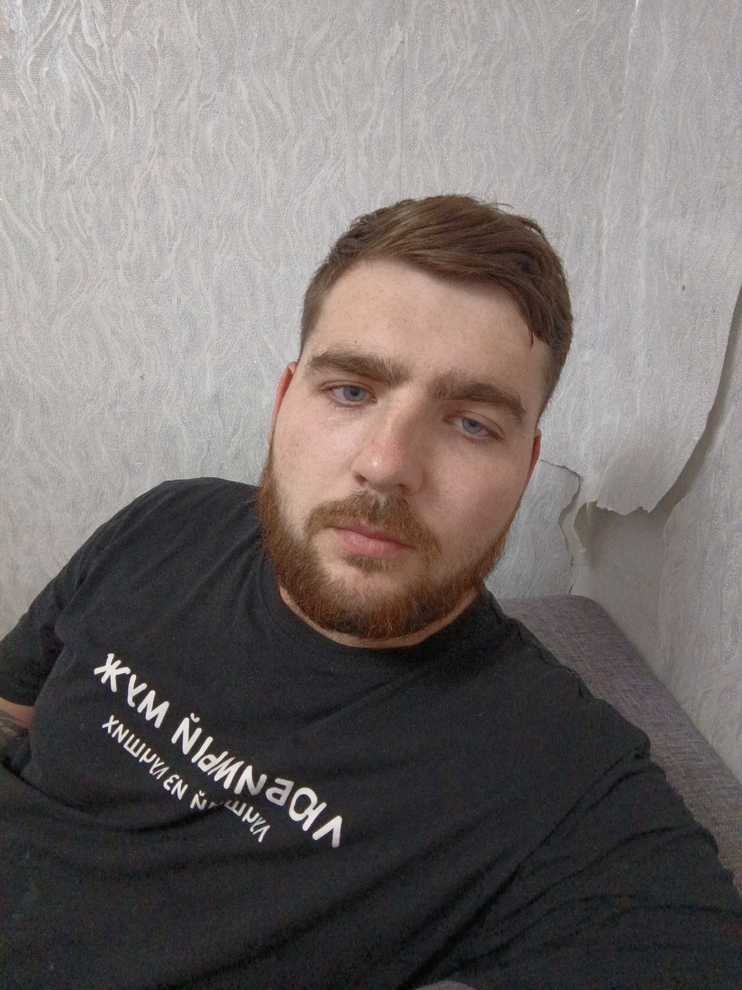 A young Caucasian male with short brown hair, blue eyes, and a beard is seen from the chest up, looking directly at the camera. He is wearing a black t-shirt with white text that appears to be in Cyrillic script, with the first line reading "ЖУМ ÑIÑMPÅION" and the second line reading "XNШ¥РКѦ EN Ñ ШРКѦ". He is seated on a gray couch in front of a textured light gray wall with peeling wallpaper. The lighting is dim and appears to be from an overhead source. The image was taken in Kargat, Russia.