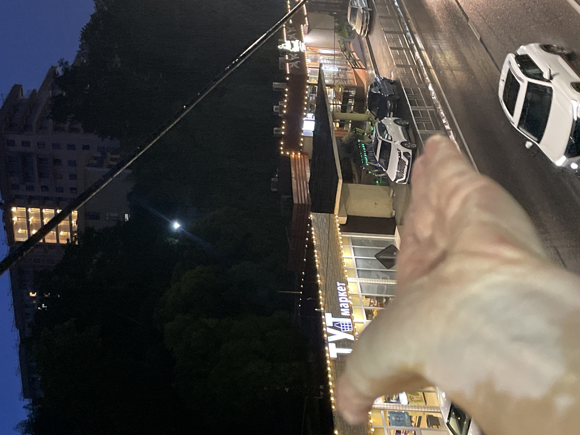 In Sochi, Russia, at dusk, a person's hand is in the foreground, partially obscuring a street-level view of a market with illuminated signage that reads "ТУТ маркет." Beyond the market, a dark, treed hillside rises, topped by a multi-story building with many illuminated windows, indicating it is a residential or hotel building. A street runs in front of the market, with several cars parked and driving on it. The street appears wet, suggesting recent rain, and a railing separates the street from a sidewalk or walkway. The sky is a deep blue, transitioning from twilight.