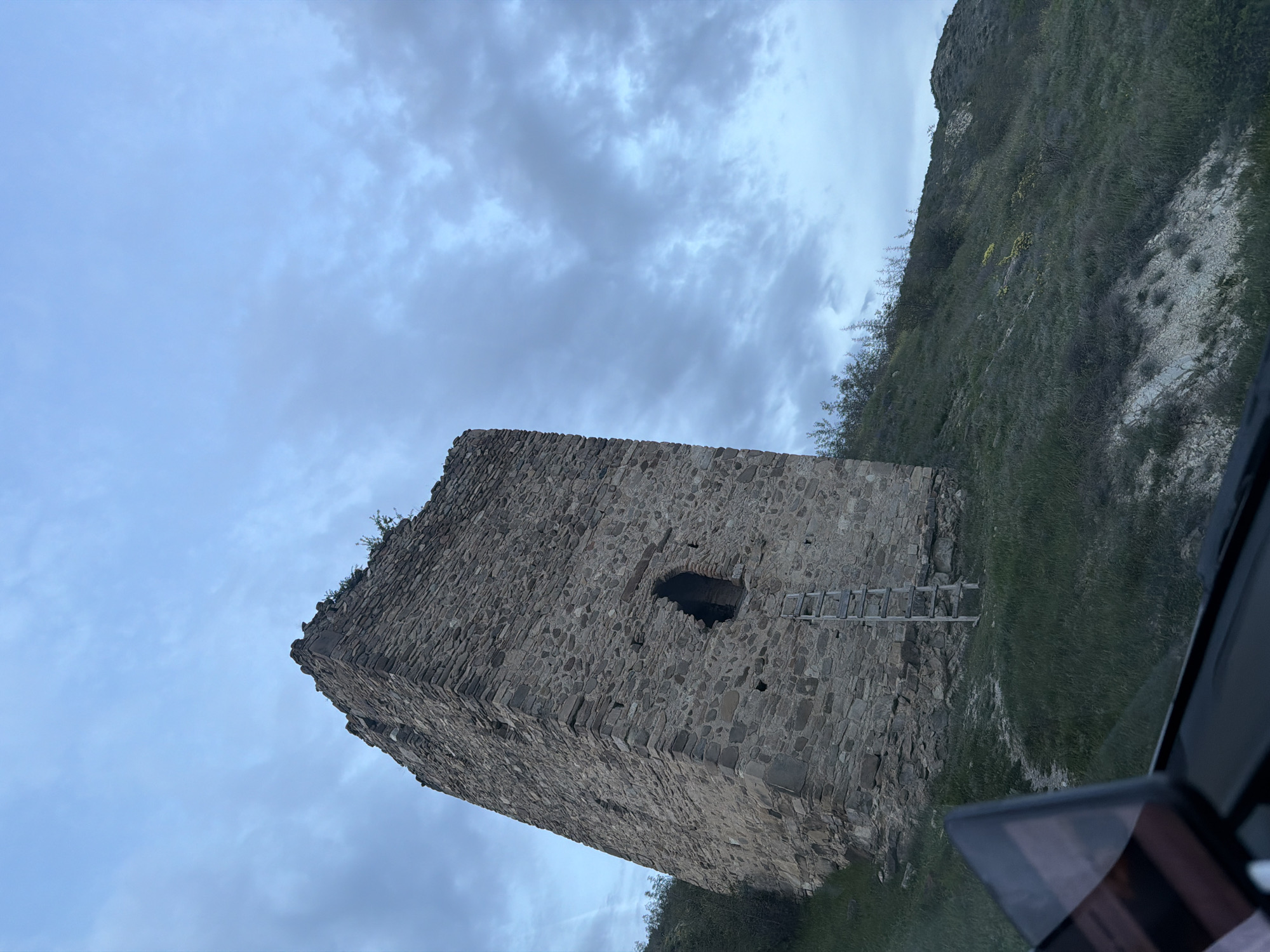 A stone tower stands against a cloudy sky and a green hillside. The tower, likely part of a historic fortress, features a rough stone construction with a visible arched window opening and a wooden ladder leaning against one side. Vegetation grows on top of the tower, suggesting age and disrepair. The adjacent hillside is covered in sparse vegetation. The photograph was taken in Zemo Nichbisi, Georgia. The lower-right corner of the image shows a car window.