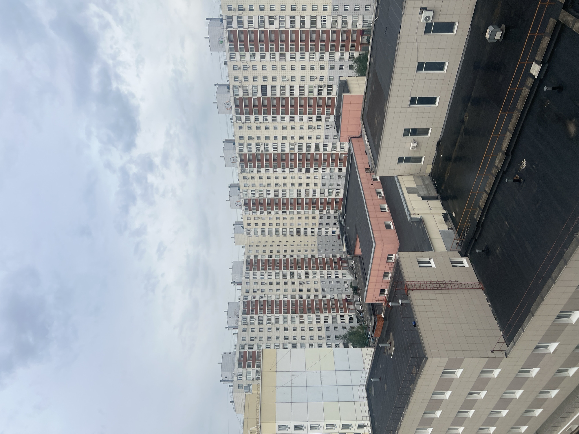 This image captures a residential area in Surgut, Russia, on an overcast day. In the foreground, the flat, dark roofs of several buildings are visible, some with railings and ventilation units. A ladder is attached to the side of a light-colored building in the middle ground. Behind this, a long, multi-story apartment building with cream-colored facades and reddish-brown balconies dominates the scene. Several smaller, pink-roofed buildings are interspersed between the foreground and the main apartment building. The sky is filled with grey clouds. There are no people or discernible actions in the image.