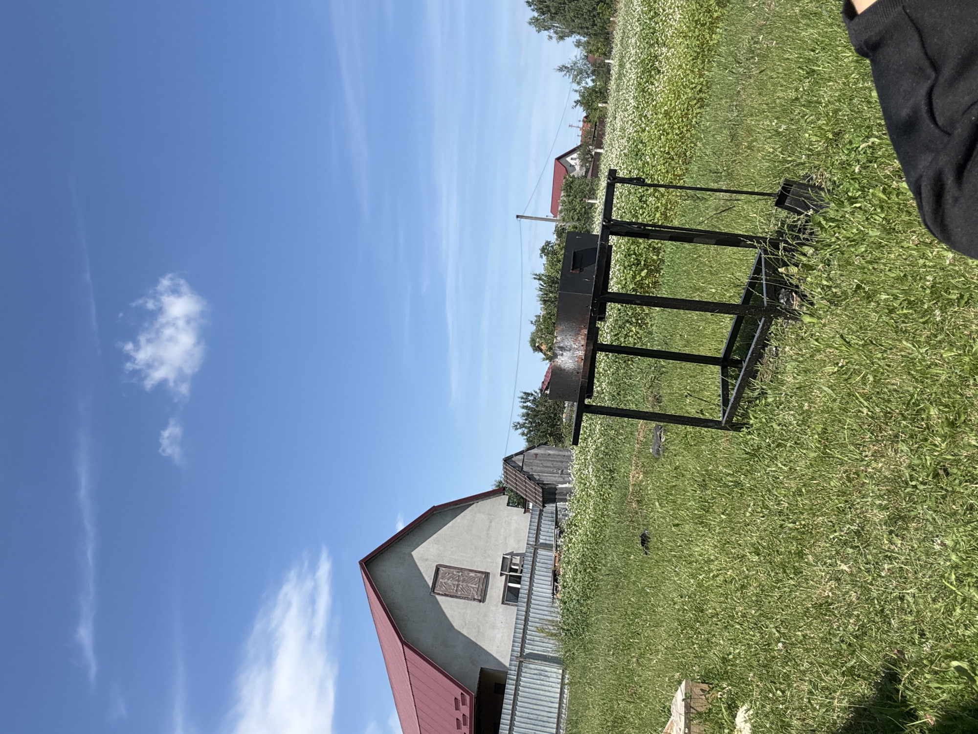 This is a rotated, eye-level, outdoor shot taken on a sunny day in Dovhe, Ukraine. The sky is a bright, clear blue with wispy white clouds scattered across it. In the foreground, a black metal barbecue grill stands on a grassy lawn. A person's arm, wearing a black sweater, is visible in the upper right corner of the frame, suggesting they are the one holding the camera or standing nearby. The background features a residential area with several houses, some with red roofs, and trees. A white picket fence runs along the edge of the property. The grass is lush and green, with small white flowers dotting the landscape. The overall impression is one of a relaxed, casual day, possibly a barbecue or outdoor gathering. The bright sunlight and clear sky indicate it's likely daytime, possibly late morning or afternoon. The houses and vegetation suggest a rural or suburban setting. There is no visible text in the image.