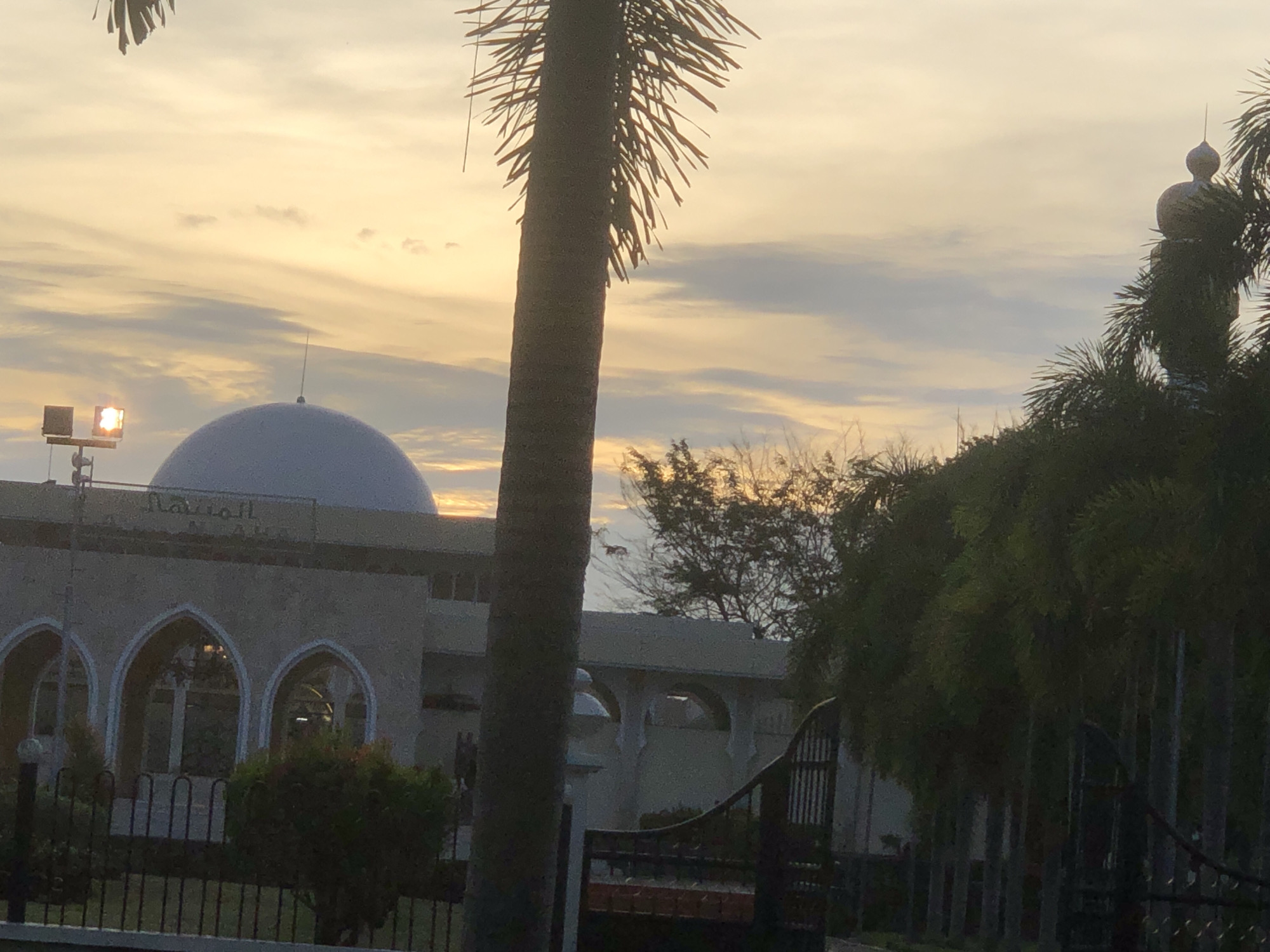 The image shows a building, possibly a mosque, with a dome and arched entrances, located behind a fence and some trees. The building is off-white and has some Arabic script above the entrances. In front of the building is a fence, bushes, and trees, partially obscuring the view. The sky is a mix of yellow and gray, suggesting it could be either sunset or sunrise. In the foreground, a palm tree trunk is centered in the frame, adding to the landscape. The city or town and the specific type of building cannot be determined from the information given.
