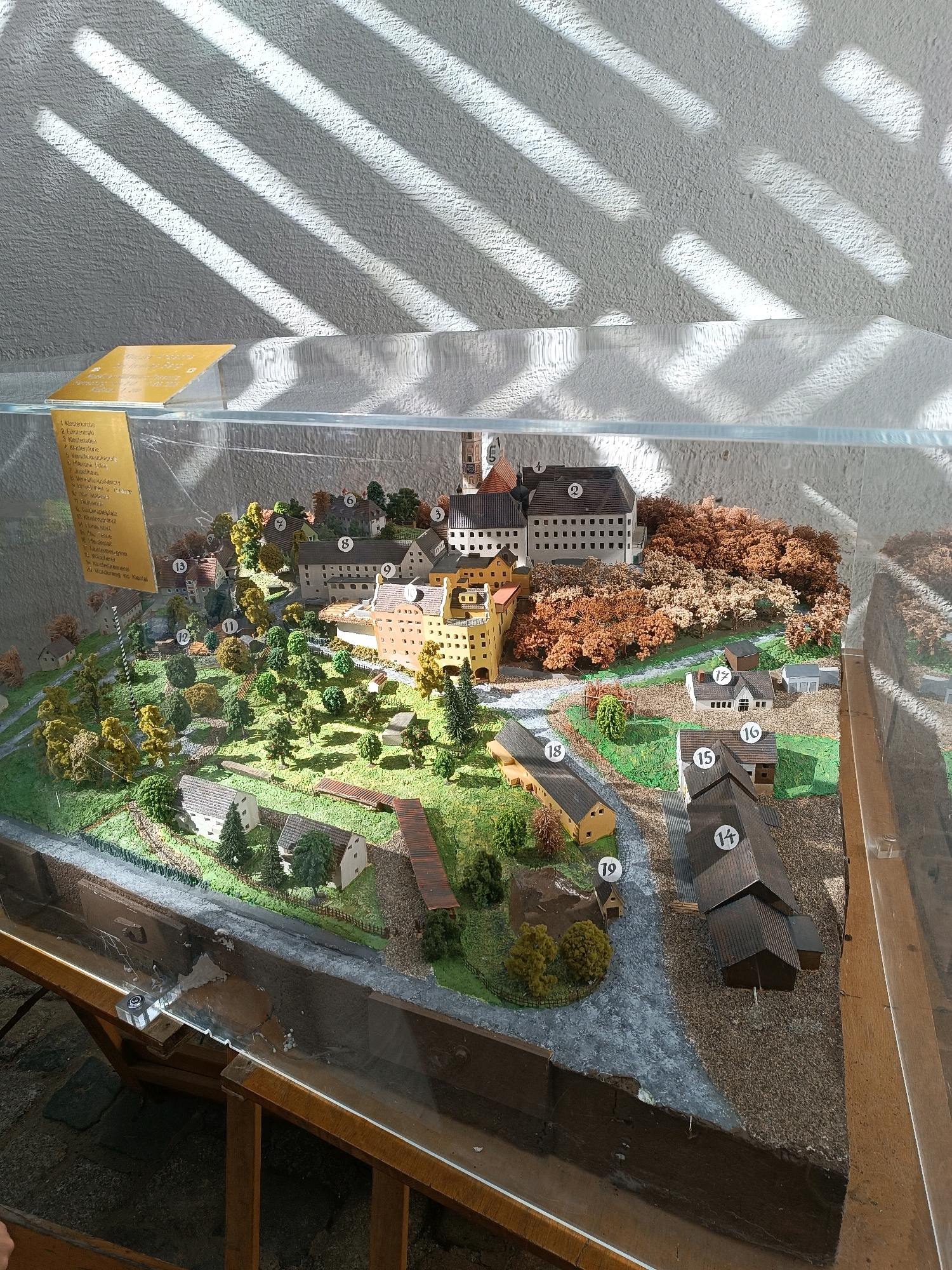 The image shows a detailed architectural model of a monastery complex, identified by a yellow sign with German text as being in Andechs, Germany. The model is housed within a glass display case, with sunlight casting diagonal shadows across the textured background wall. The model itself depicts various buildings, including a prominent church with a tower, residential structures, and administrative buildings, all surrounded by trees, green landscaping, and pathways. Several buildings and points of interest are marked with numbered labels, corresponding to a list on the yellow sign. The overall scene portrays a miniature representation of a historical or cultural site, with an emphasis on architectural detail and the surrounding environment.